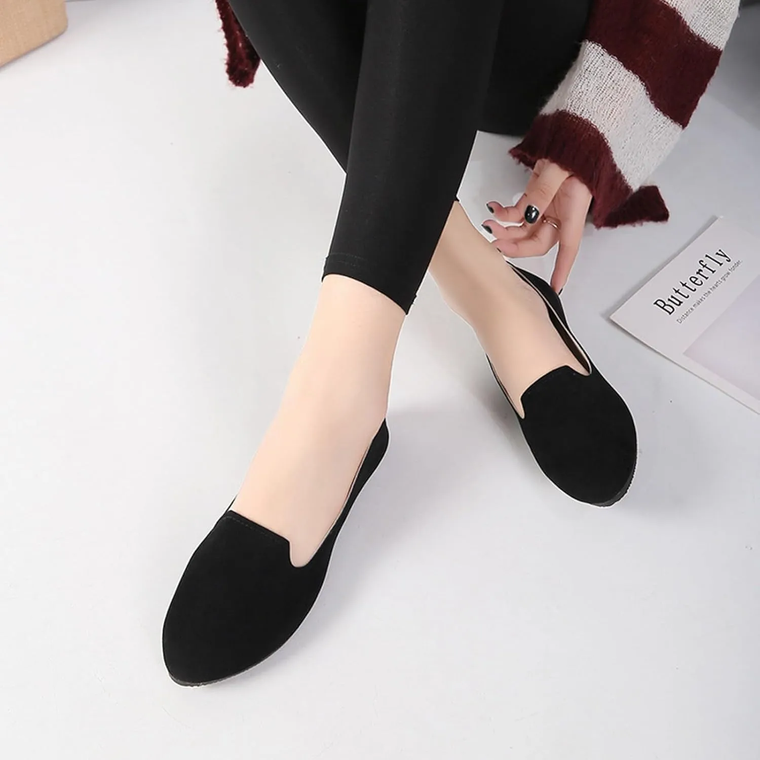 Black Flats for Women Slip on Classic Flats Comfortable Dressy Faux Suede Ballet Flats Shoes Casual Walking Flat Shoes for Women