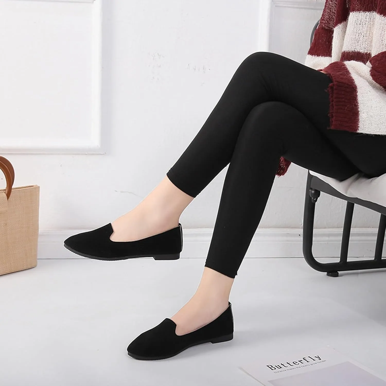 Black Flats for Women Slip on Classic Flats Comfortable Dressy Faux Suede Ballet Flats Shoes Casual Walking Flat Shoes for Women