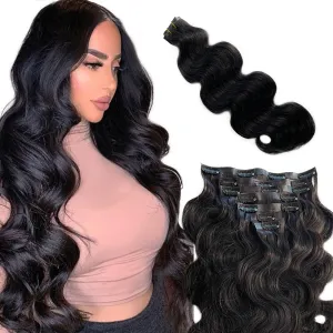 Black Hair Extensions Clip ins Body Wave 100G 14 Inch 7 Pieces Seamless Invisible PU Skin Weft Hair Extensions Thick Human Hair for Black Women