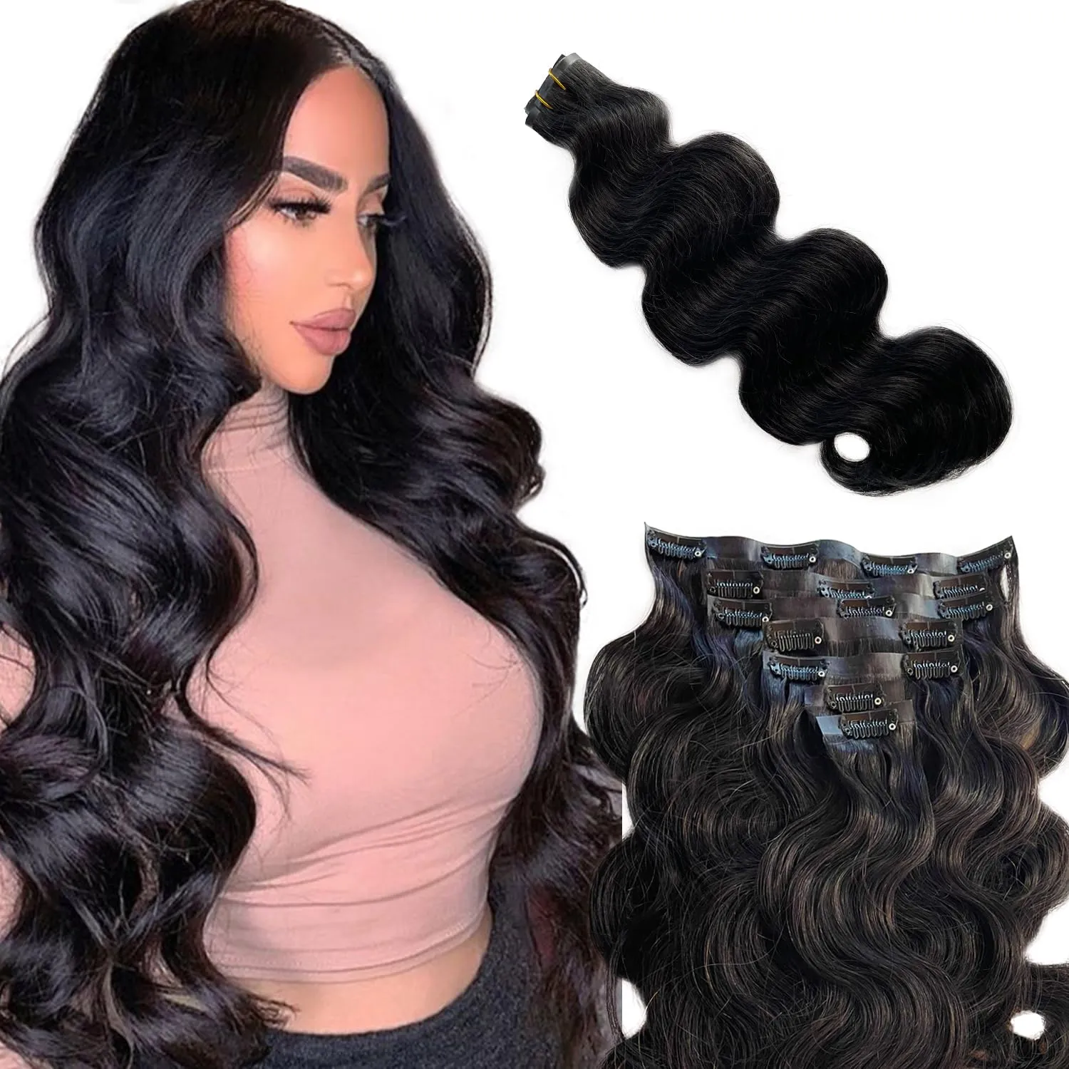 Black Hair Extensions Clip ins Body Wave 100G 14 Inch 7 Pieces Seamless Invisible PU Skin Weft Hair Extensions Thick Human Hair for Black Women