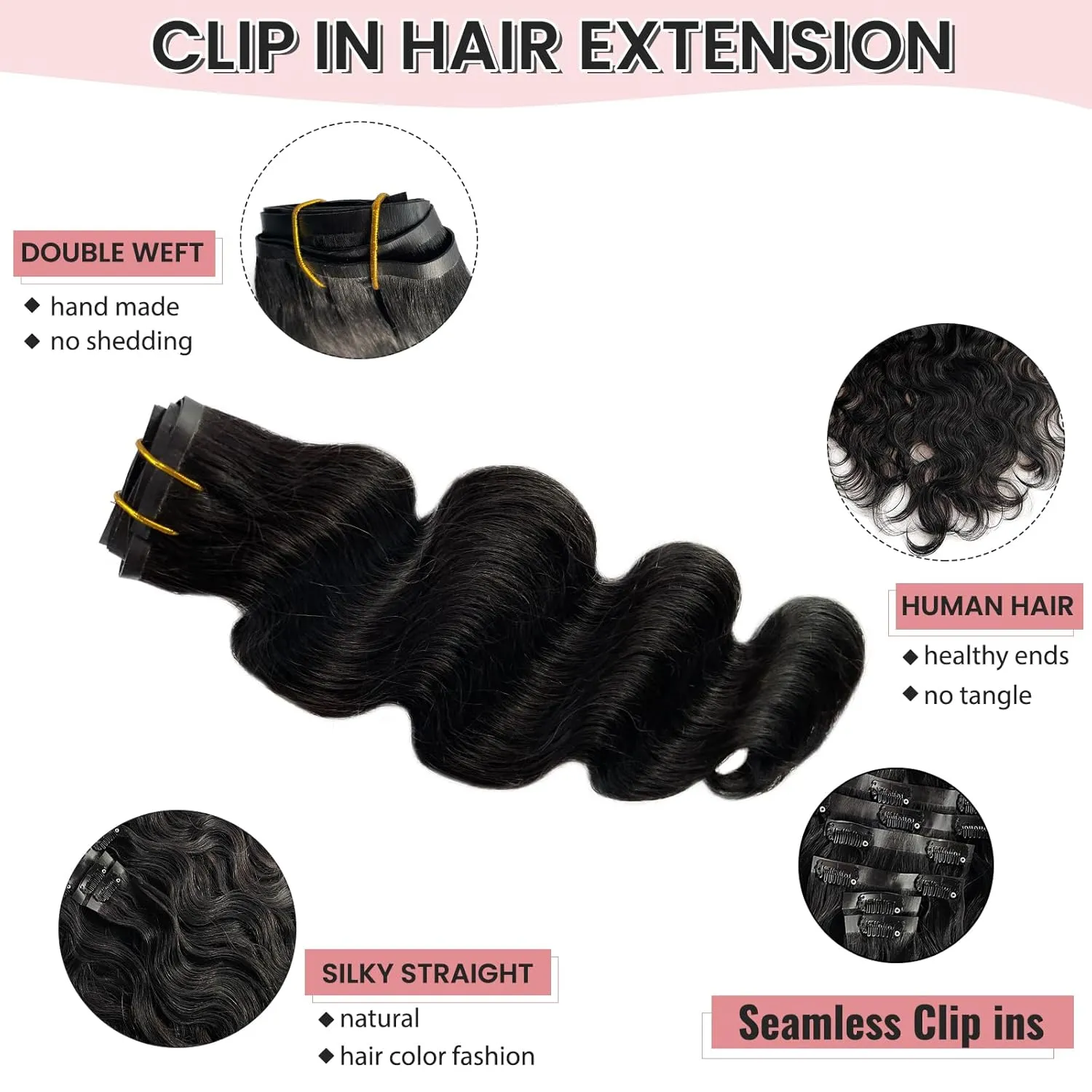 Black Hair Extensions Clip ins Body Wave 100G 14 Inch 7 Pieces Seamless Invisible PU Skin Weft Hair Extensions Thick Human Hair for Black Women