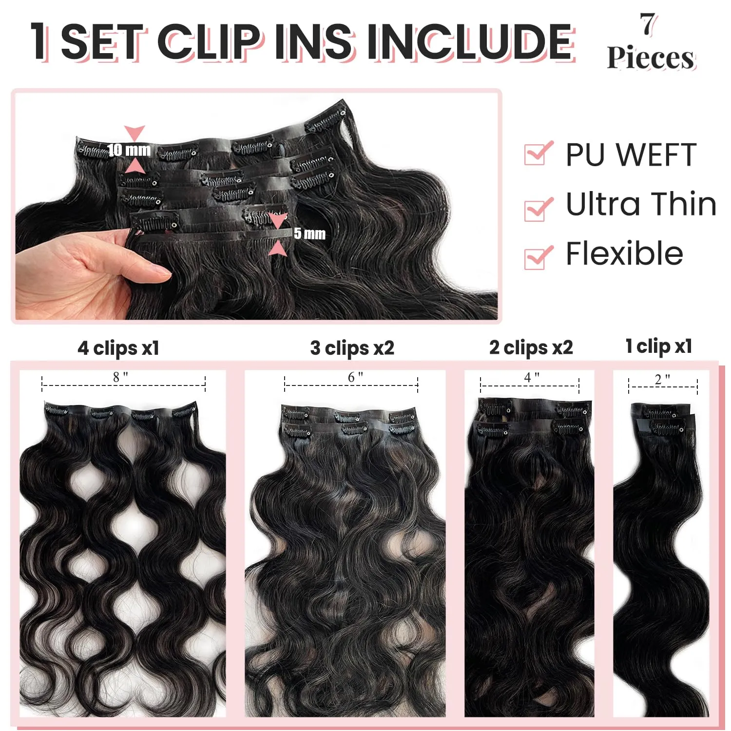 Black Hair Extensions Clip ins Body Wave 100G 14 Inch 7 Pieces Seamless Invisible PU Skin Weft Hair Extensions Thick Human Hair for Black Women