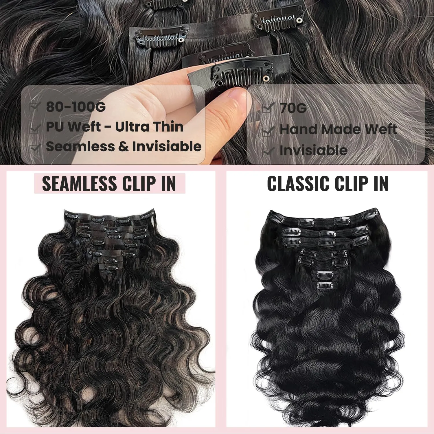 Black Hair Extensions Clip ins Body Wave 100G 14 Inch 7 Pieces Seamless Invisible PU Skin Weft Hair Extensions Thick Human Hair for Black Women
