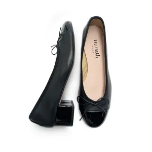 Black leather ballet flats with high heel and patent toe