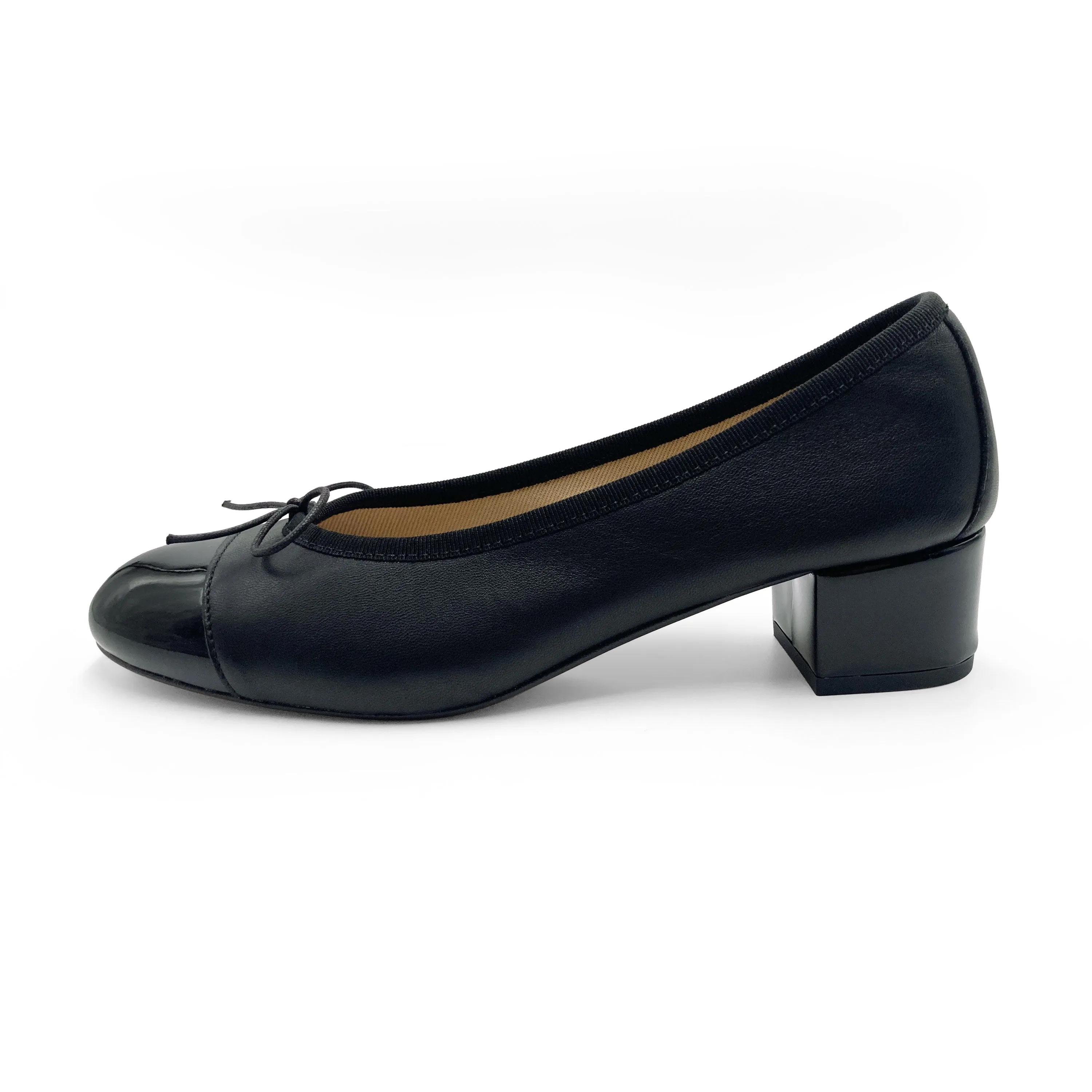Black leather ballet flats with high heel and patent toe