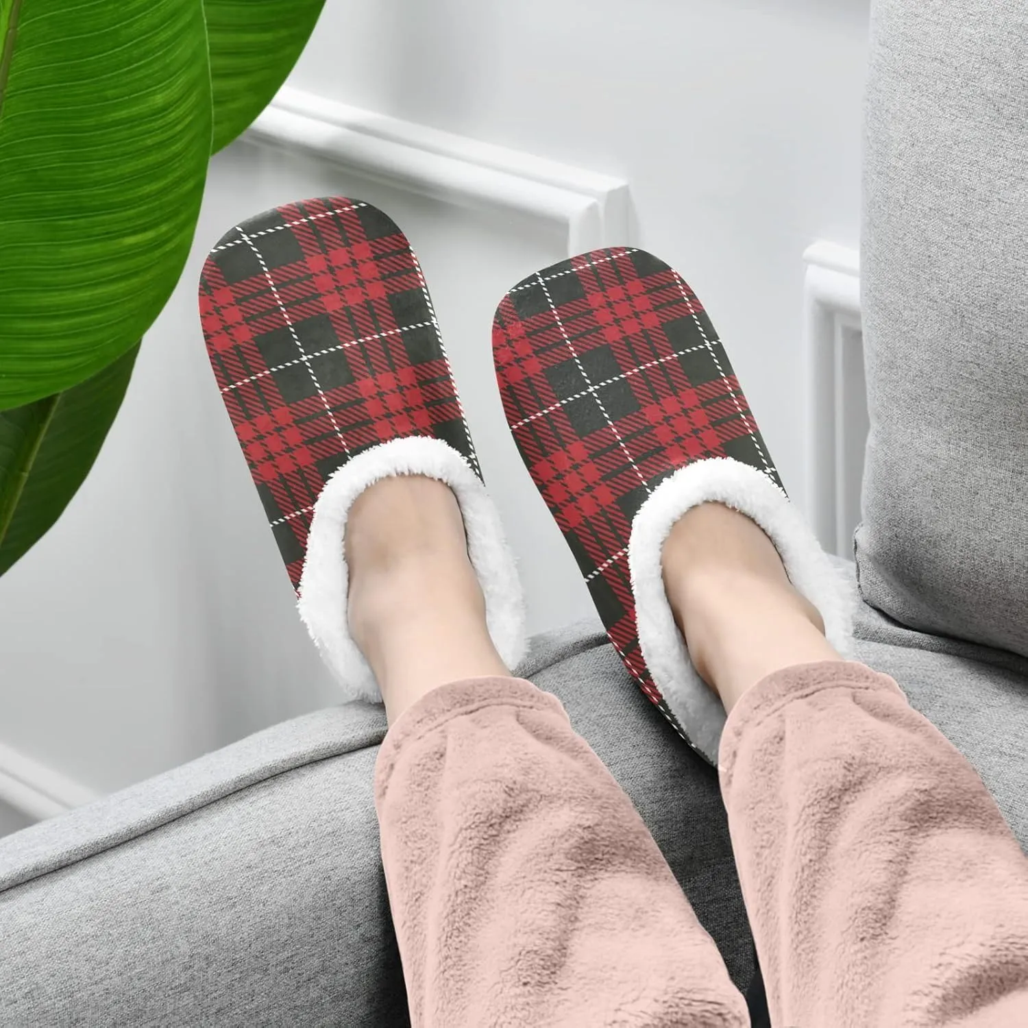 Black Red Simple Tartan Home Slippers Winter Spa Travel House Slipper Soft Memory Foam Slipper Non Slip for Women Men Hotel Bedroom Shoes Slippers M