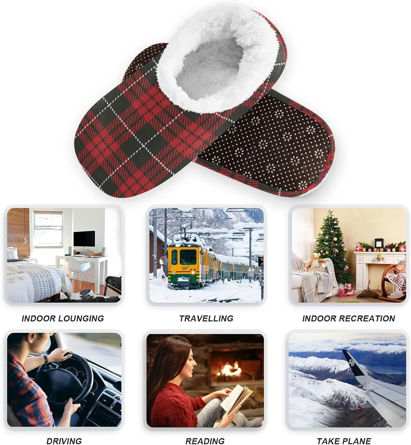 Black Red Simple Tartan Home Slippers Winter Spa Travel House Slipper Soft Memory Foam Slipper Non Slip for Women Men Hotel Bedroom Shoes Slippers M