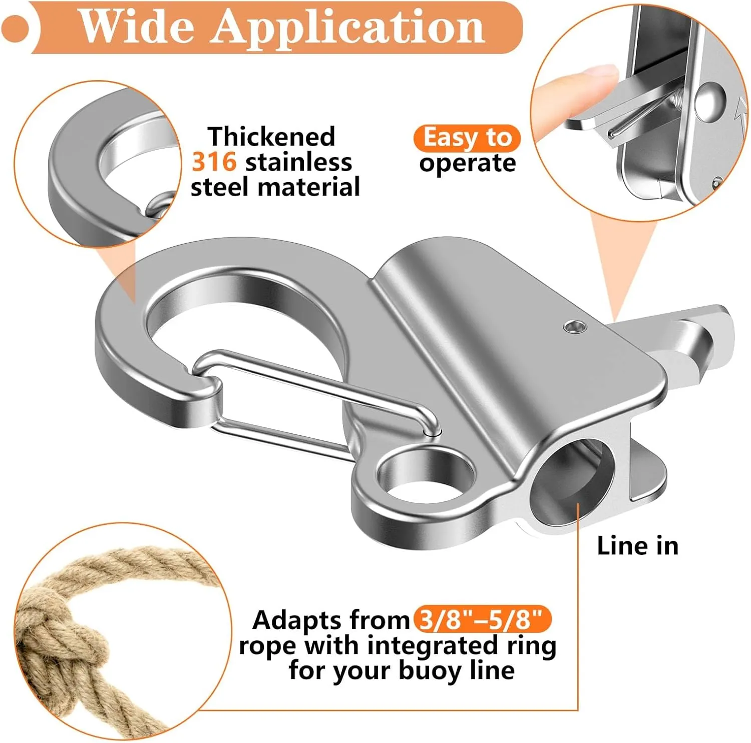 Boat Anchor Hook Marine Hook Loop,Stainless Steel Anchor Hook,Boat Anchor Hook Sliding Hook,Knotless Anchor,Boat Anchor Hook Clip for Speedboats,3/8"-5/8" Rope