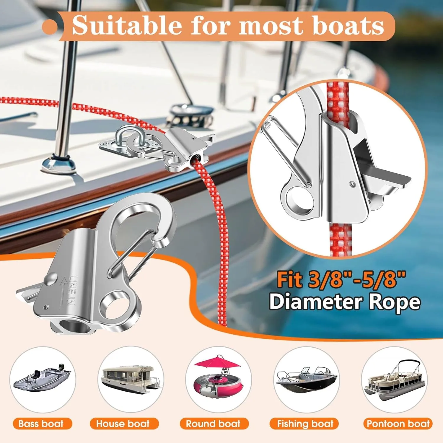 Boat Anchor Hook Marine Hook Loop,Stainless Steel Anchor Hook,Boat Anchor Hook Sliding Hook,Knotless Anchor,Boat Anchor Hook Clip for Speedboats,3/8"-5/8" Rope