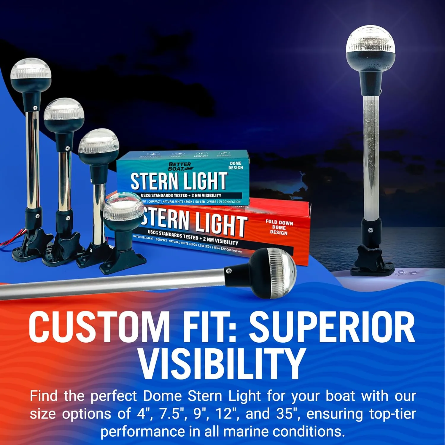 Boat Anchor Light, 12" LED Stern Light, USCG Tested Fold-Down Waterproof Marine Navigation Light, 2NM White All-Around Dome Light, Folding Boat LED Accessory