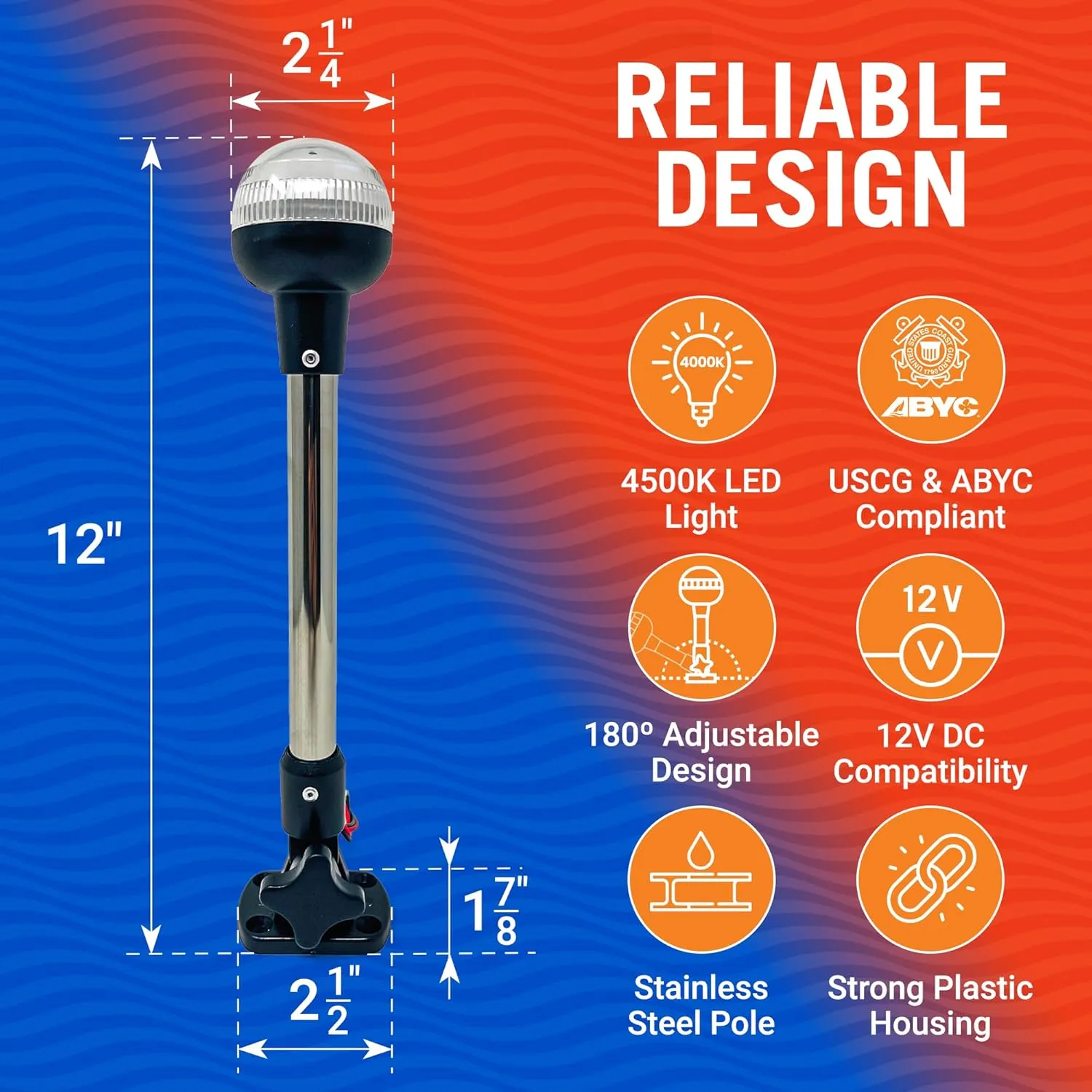 Boat Anchor Light, 12" LED Stern Light, USCG Tested Fold-Down Waterproof Marine Navigation Light, 2NM White All-Around Dome Light, Folding Boat LED Accessory