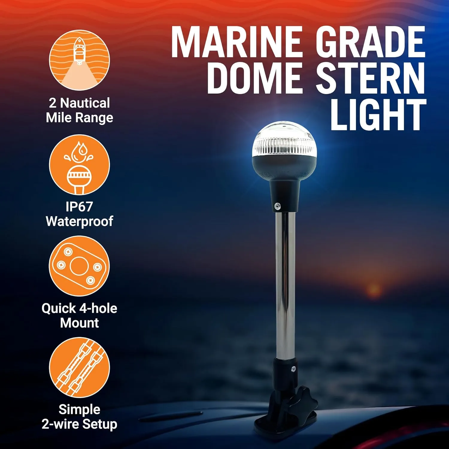 Boat Anchor Light, 12" LED Stern Light, USCG Tested Fold-Down Waterproof Marine Navigation Light, 2NM White All-Around Dome Light, Folding Boat LED Accessory