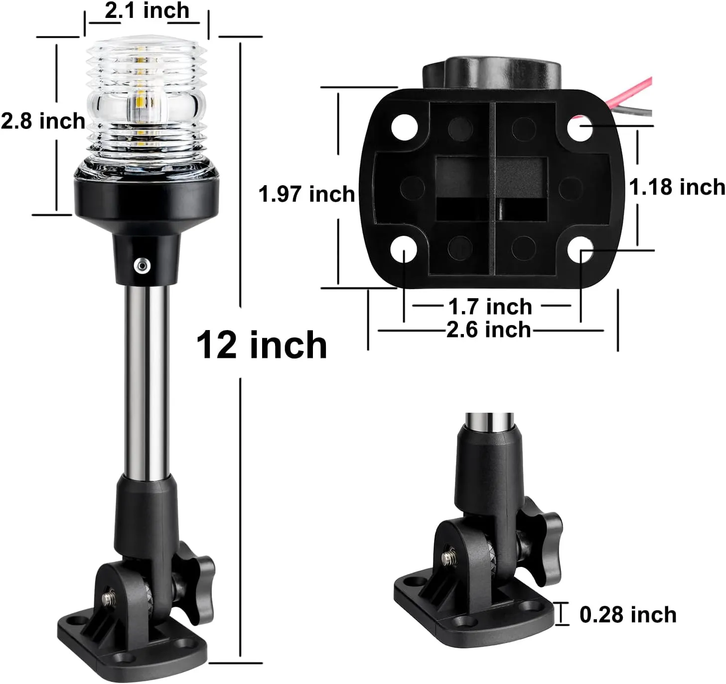 Boat Anchor Light 3-NM LED Fold Down Boat Stern Light All Round 360° Navigation Light for Pontoon and Fishing Boat 12-24V (12 inch Foldable)