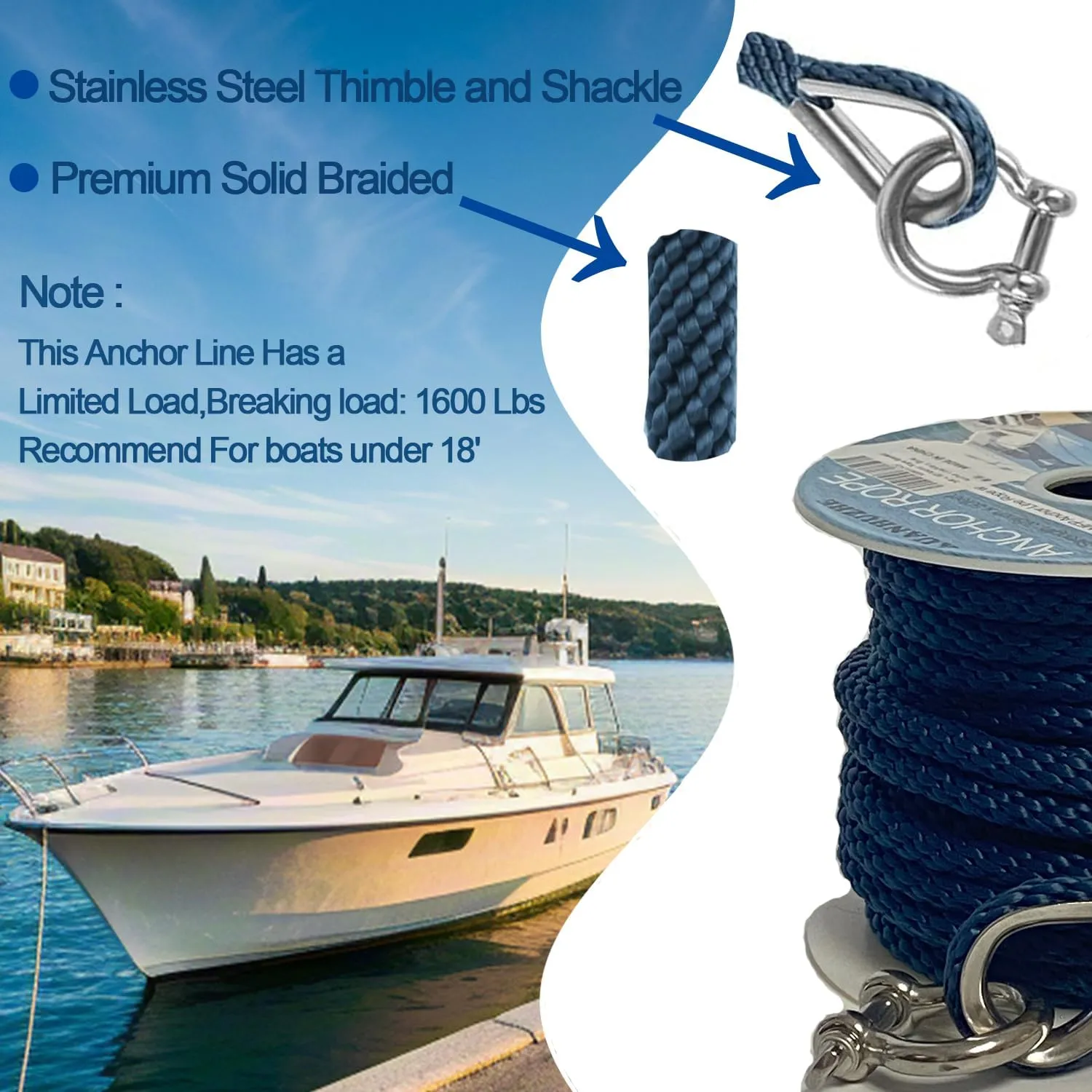 Boat Anchor Rope 3/8 Inch 50Ft Premium Solid Braid Nylon MFP Anchor Line with 316 Stainless Steel Thimble and Heavy Duty Shackle,Marine Rope,Navy Blue,Boat Aaccessories