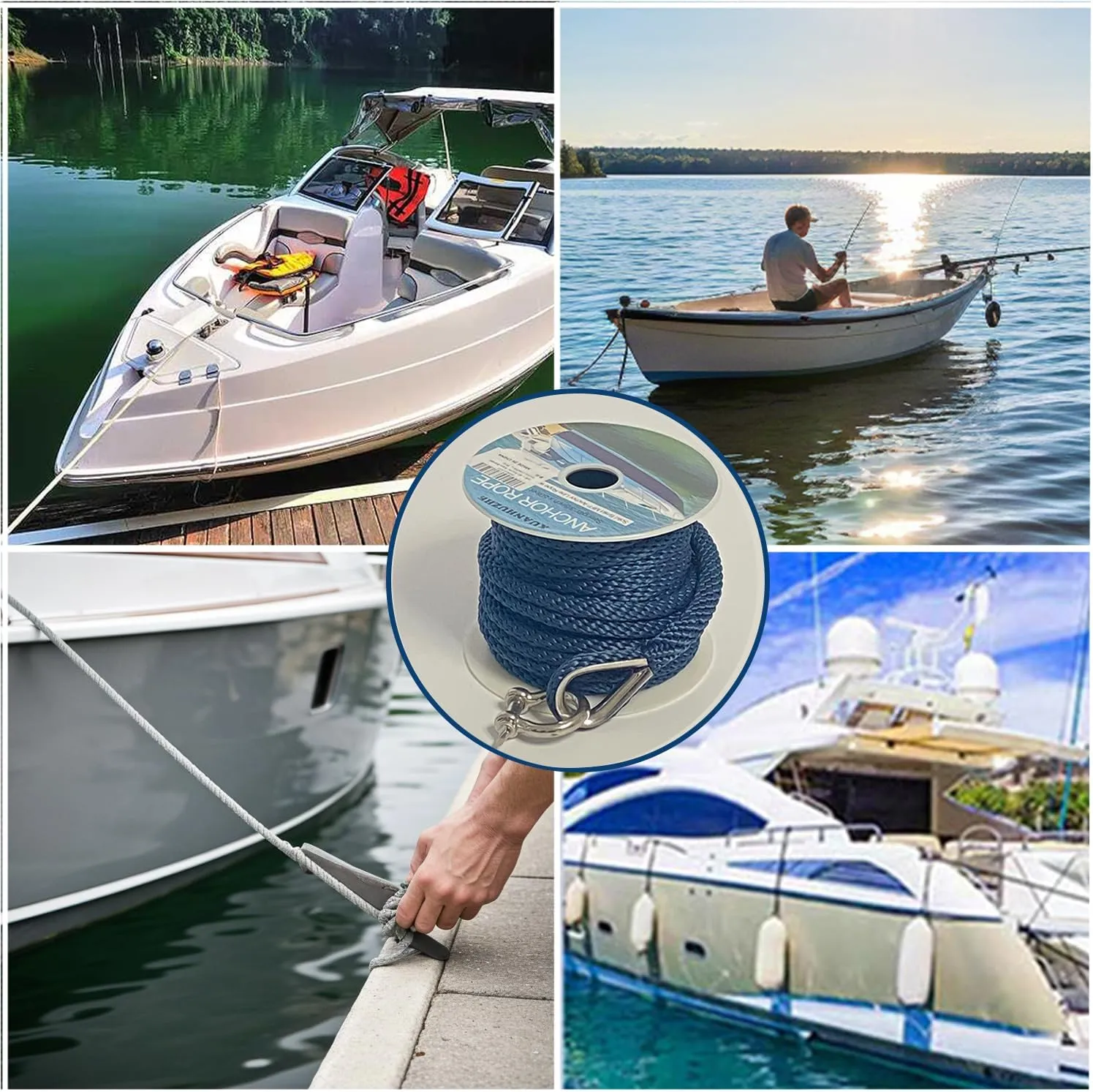 Boat Anchor Rope 3/8 Inch 50Ft Premium Solid Braid Nylon MFP Anchor Line with 316 Stainless Steel Thimble and Heavy Duty Shackle,Marine Rope,Navy Blue,Boat Aaccessories