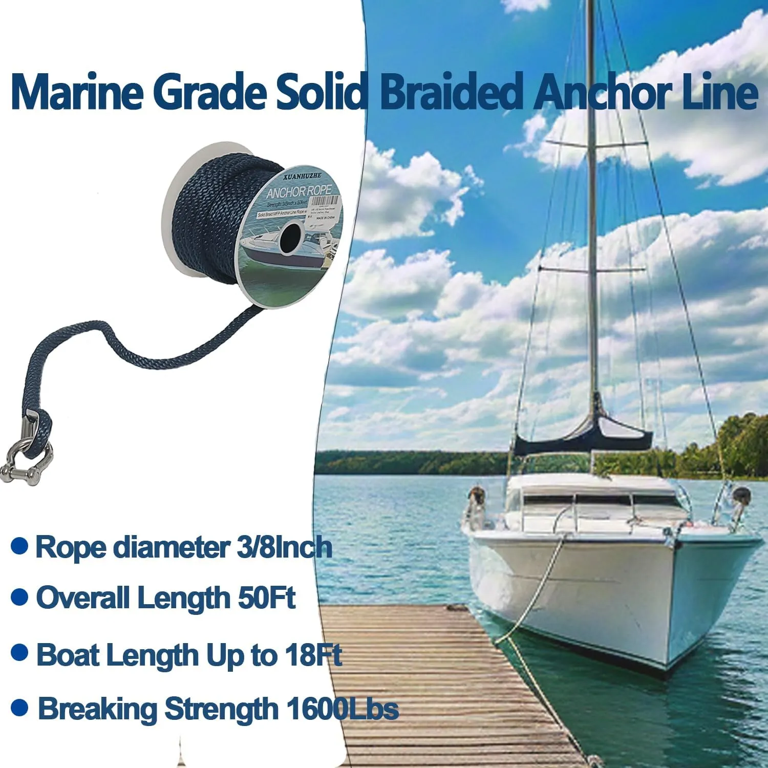 Boat Anchor Rope 3/8 Inch 50Ft Premium Solid Braid Nylon MFP Anchor Line with 316 Stainless Steel Thimble and Heavy Duty Shackle,Marine Rope,Navy Blue,Boat Aaccessories