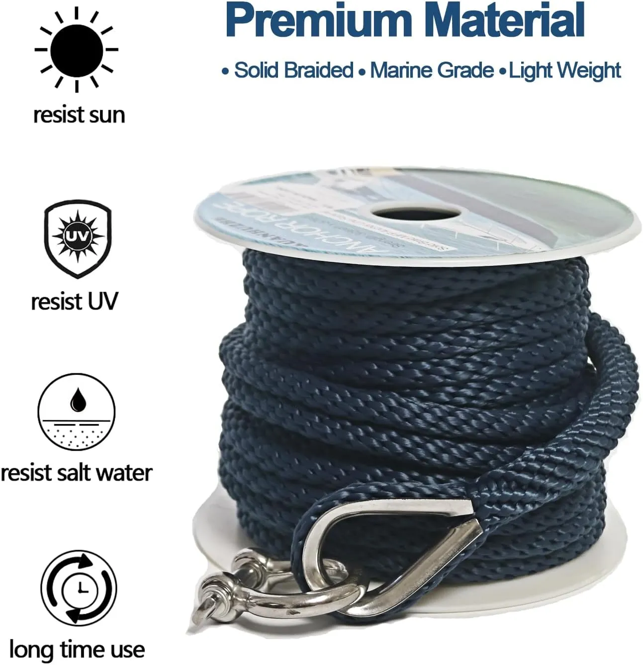 Boat Anchor Rope 3/8 Inch 50Ft Premium Solid Braid Nylon MFP Anchor Line with 316 Stainless Steel Thimble and Heavy Duty Shackle,Marine Rope,Navy Blue,Boat Aaccessories