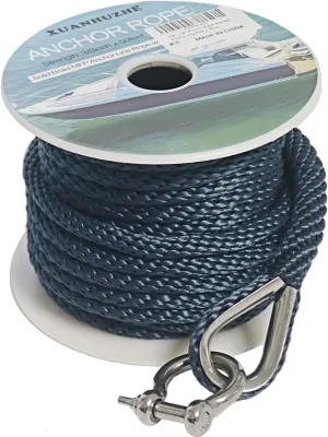 Boat Anchor Rope 3/8 Inch 50Ft Premium Solid Braid Nylon MFP Anchor Line with 316 Stainless Steel Thimble and Heavy Duty Shackle,Marine Rope,Navy Blue,Boat Aaccessories