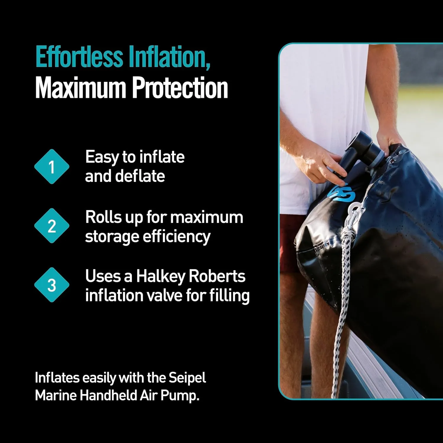 Boat Bumper - Inflatable Dock & Tie-Up Protection - Durable UV Material - Double Welded Seams - Easy Setup - Includes Tie-Down Cleats & Ropes - 5 Ft - Black