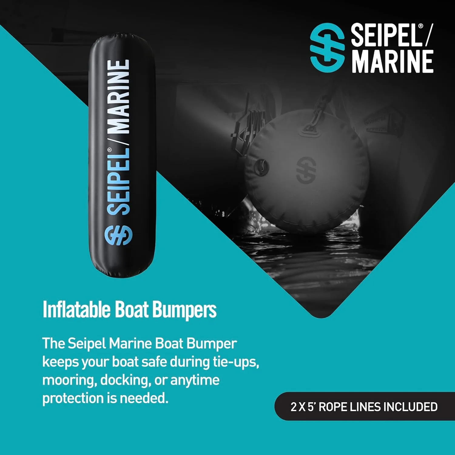Boat Bumper - Inflatable Dock & Tie-Up Protection - Durable UV Material - Double Welded Seams - Easy Setup - Includes Tie-Down Cleats & Ropes - 5 Ft - Black