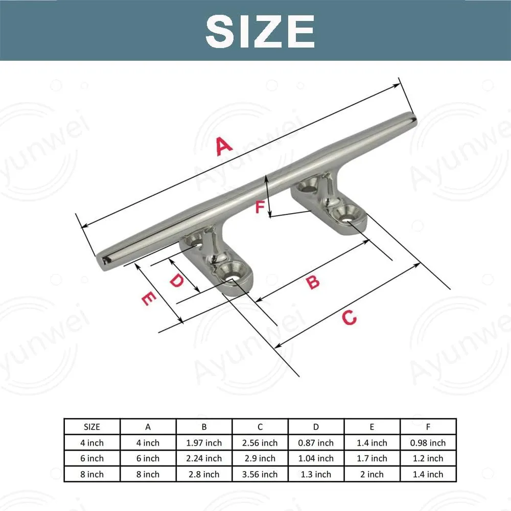 Boat Cleat 316 Stainless Steel Dock Cleats Heavy Duty Open Base Cleat for Kayak Boat Canoe Mooring Deck and Decor of 2 Pcs with Screws(4''/6''/8''/10'')