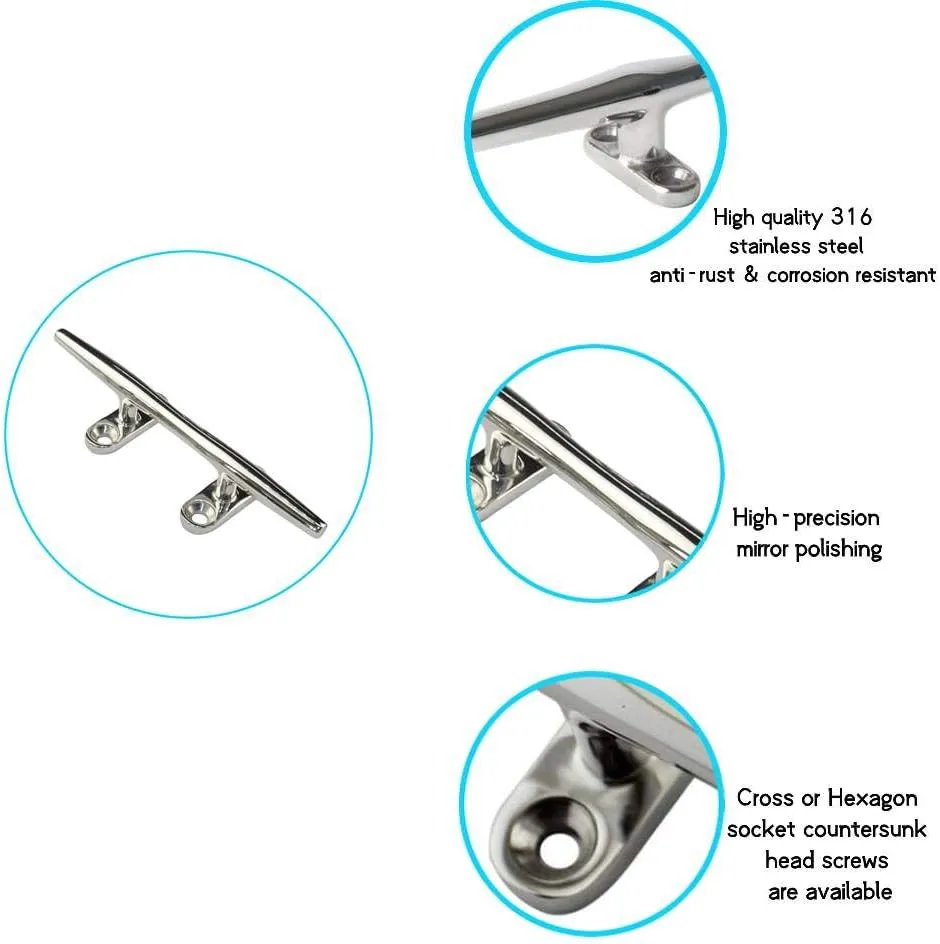 Boat Cleat 316 Stainless Steel Dock Cleats Heavy Duty Open Base Cleat for Kayak Boat Canoe Mooring Deck and Decor of 2 Pcs with Screws(4''/6''/8''/10'')