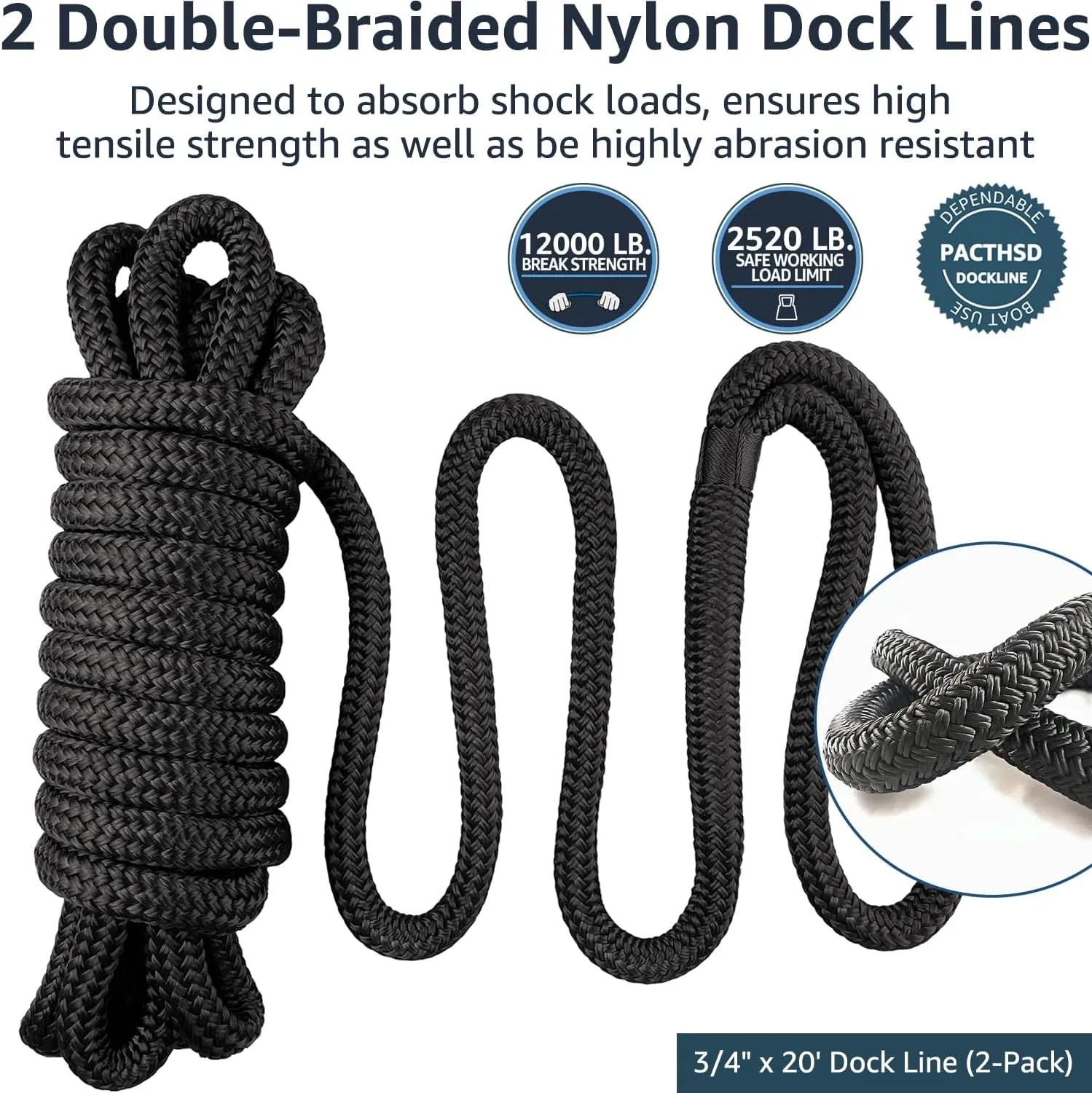 Boat Dock Lines 3/4" x 20' - Double Braided Nylon Boat Ropes for Docking with 15" Loop, Marine-Grade High Strength Boat Lines Dock Rope, Premium Marine Rope Mooring Lines, Easy Handling - 2 Pack,Black