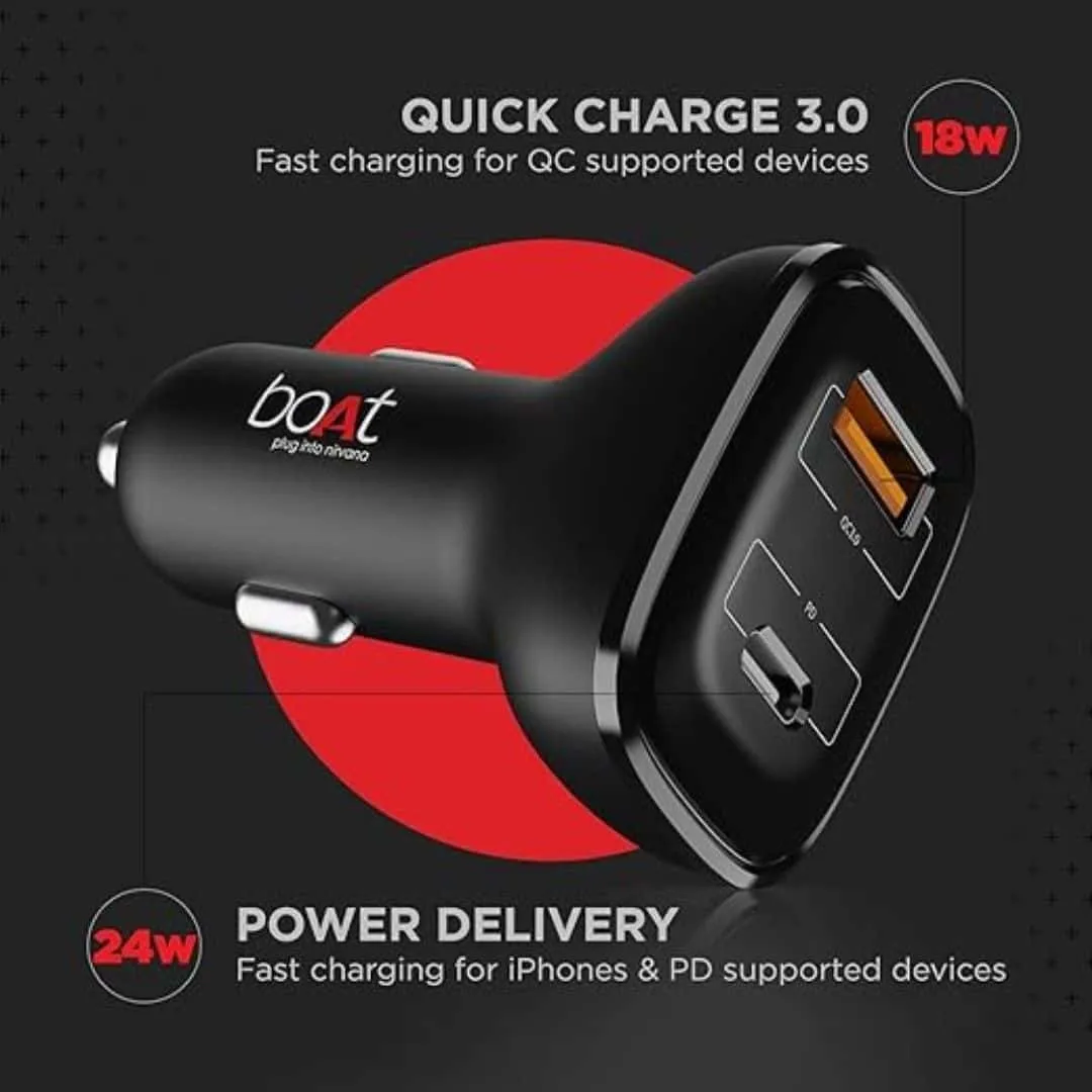 boAt Dual Port Qc Pd 24W Fast Car Charger with 24W Fast Pd Charging and 18W Qc Charging