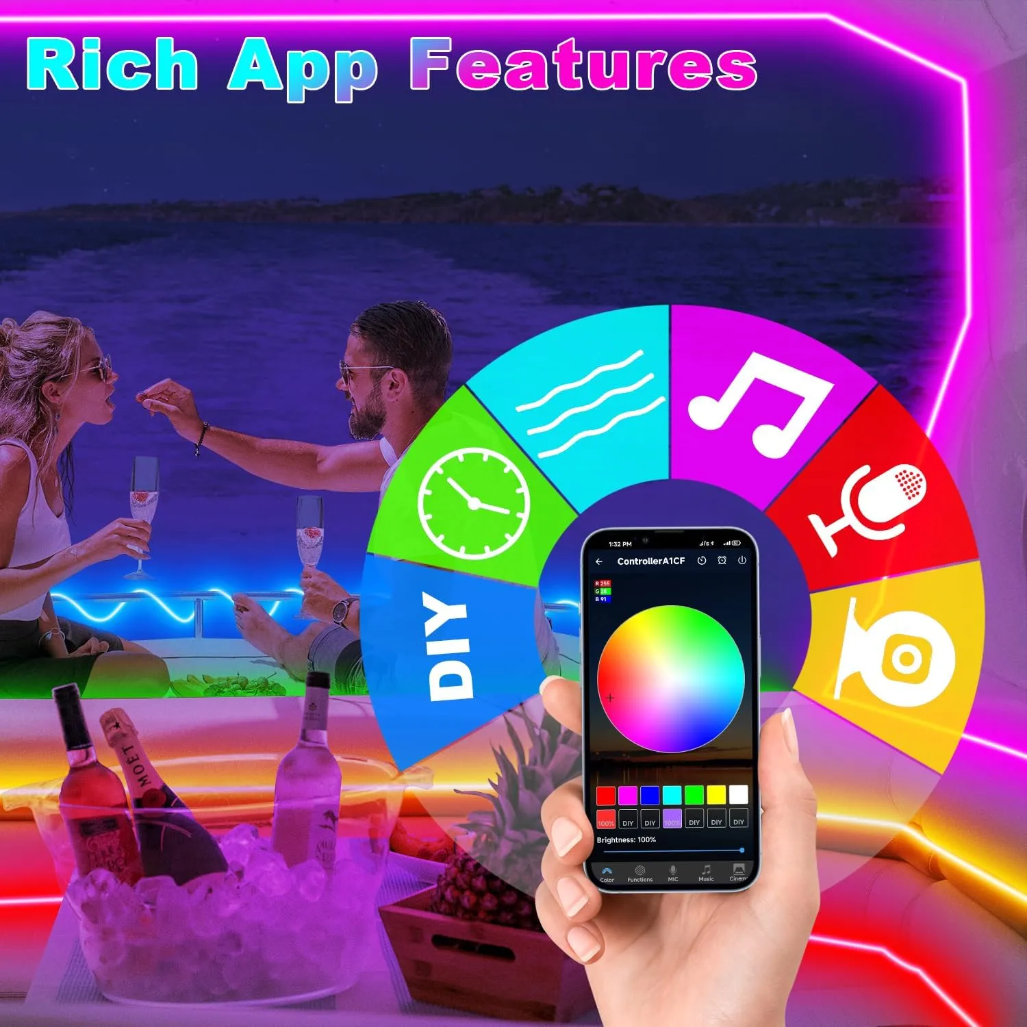 Boat Lights LED Waterproof 50FT, Marine Light Strip App Control, 12V RGB Pontoon LED Boat Lights Interior and Exterior, Night Fishing Lighting for Jon Boats, Yacht, Kayak, Cabin