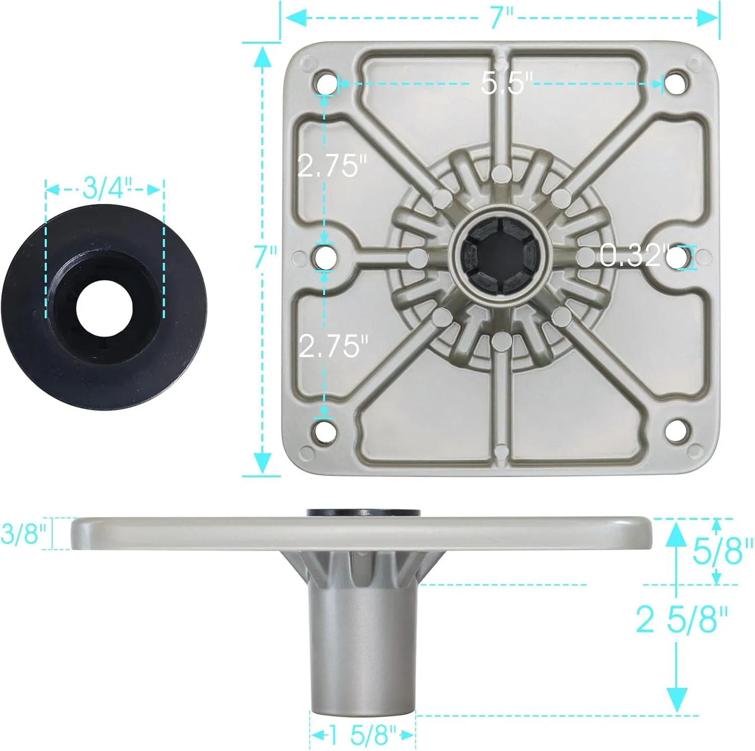 Boat Seat Base Mount Boat Seat Pedestal Base Mount Plate for 3/4" Pin Post Socket, Heavy Duty Marine Pedestal Bracket for Most Marine Fishing Pontoon Bass