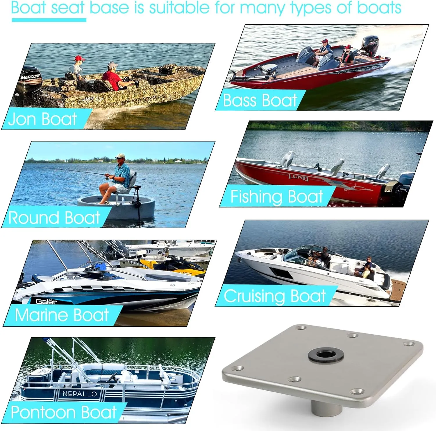 Boat Seat Base Mount Boat Seat Pedestal Base Mount Plate for 3/4" Pin Post Socket, Heavy Duty Marine Pedestal Bracket for Most Marine Fishing Pontoon Bass