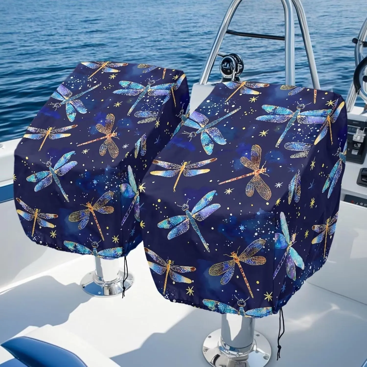 Boat Seat Cover with Dragonfly Print Outdoor Waterproof Pontoon Captain Boat Bench Chair Seat Cover,Chair Protective Covers - UV Resistant Pontoon Seat Covers