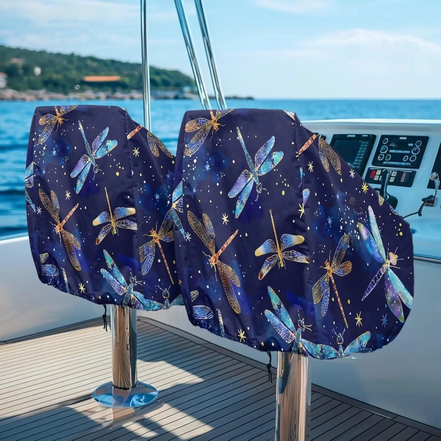 Boat Seat Cover with Dragonfly Print Outdoor Waterproof Pontoon Captain Boat Bench Chair Seat Cover,Chair Protective Covers - UV Resistant Pontoon Seat Covers