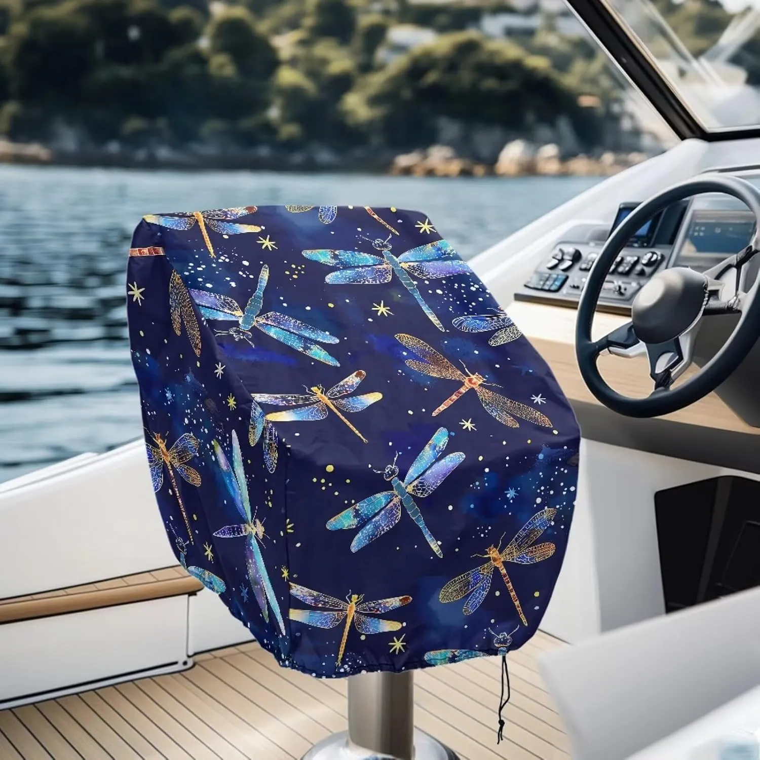 Boat Seat Cover with Dragonfly Print Outdoor Waterproof Pontoon Captain Boat Bench Chair Seat Cover,Chair Protective Covers - UV Resistant Pontoon Seat Covers