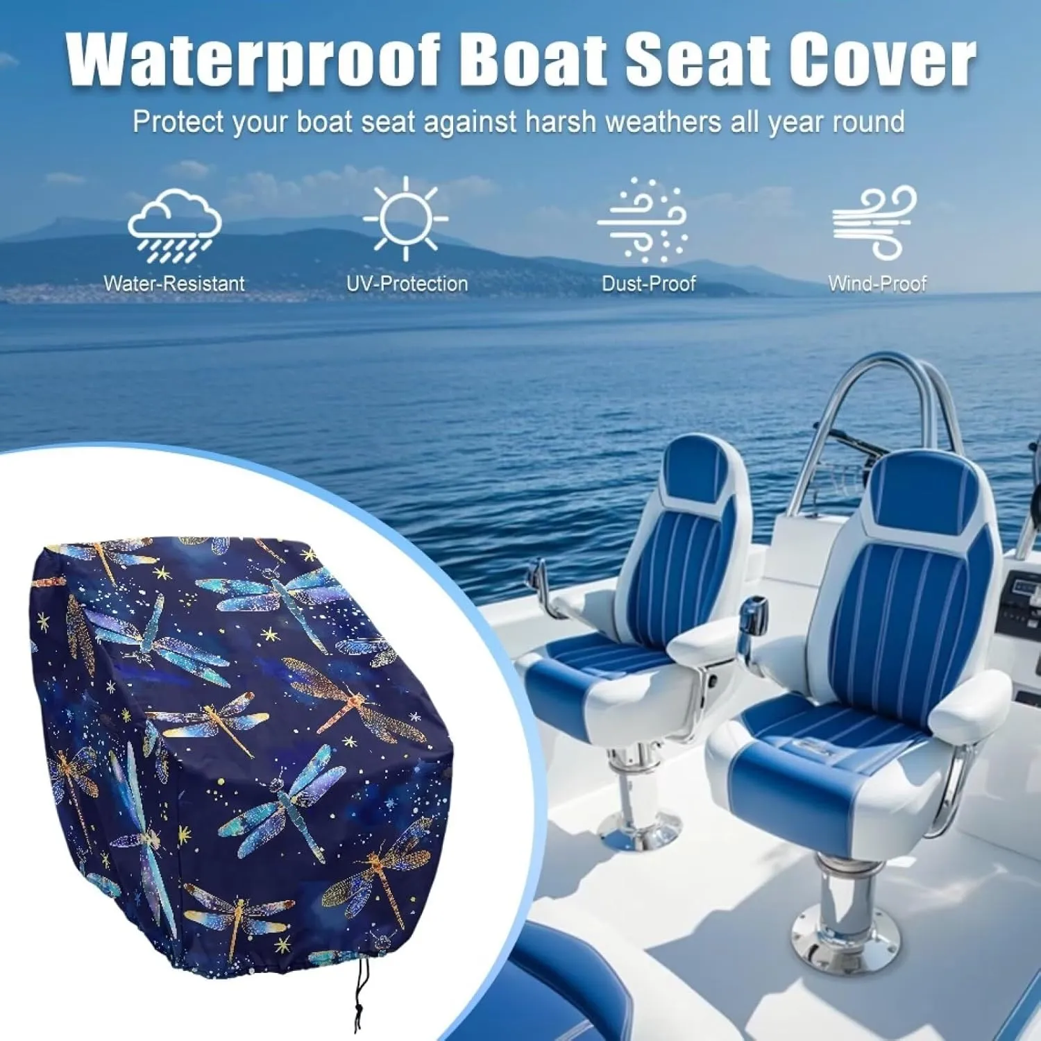 Boat Seat Cover with Dragonfly Print Outdoor Waterproof Pontoon Captain Boat Bench Chair Seat Cover,Chair Protective Covers - UV Resistant Pontoon Seat Covers