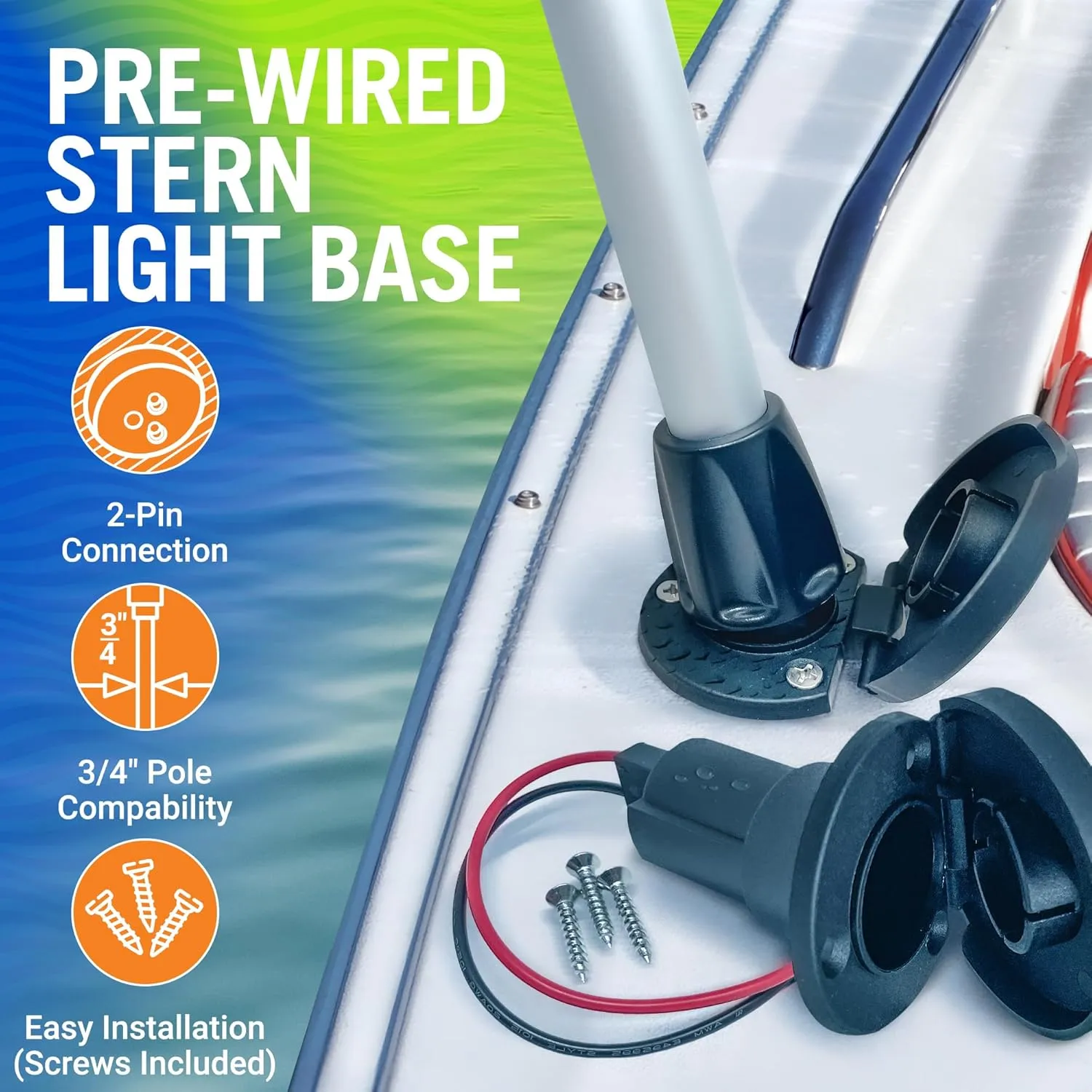 Boat Stern Light Base, Navigation and Anchor Light Base Socket, 2-Pin Plug for Stern Lights, Angled Slot Design for Boats