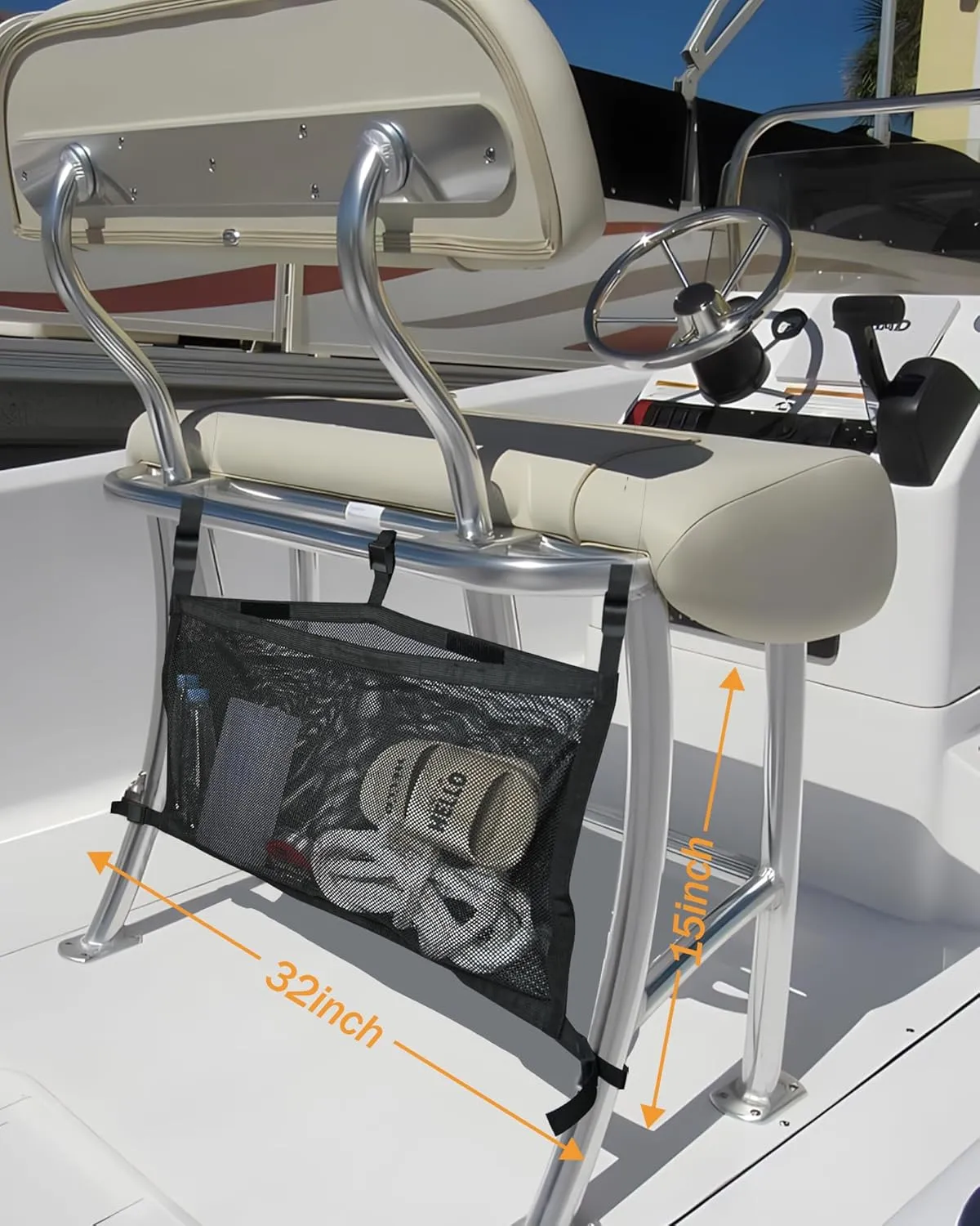 Boat Storage Bag with 3 Divisions, Adjustable Organizer, Mesh Tackle & Life Jacket Holder, Suspended Net for Leaning Post (32 INCH)