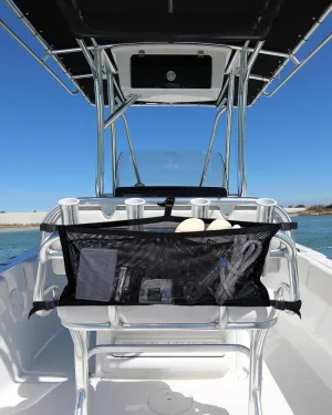 Boat Storage Bag with 3 Divisions, Adjustable Organizer, Mesh Tackle & Life Jacket Holder, Suspended Net for Leaning Post (32 INCH)