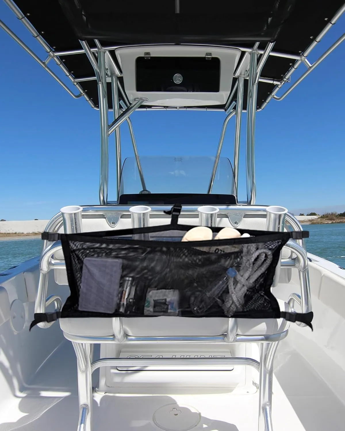 Boat Storage Bag with 3 Divisions, Adjustable Organizer, Mesh Tackle & Life Jacket Holder, Suspended Net for Leaning Post (32 INCH)