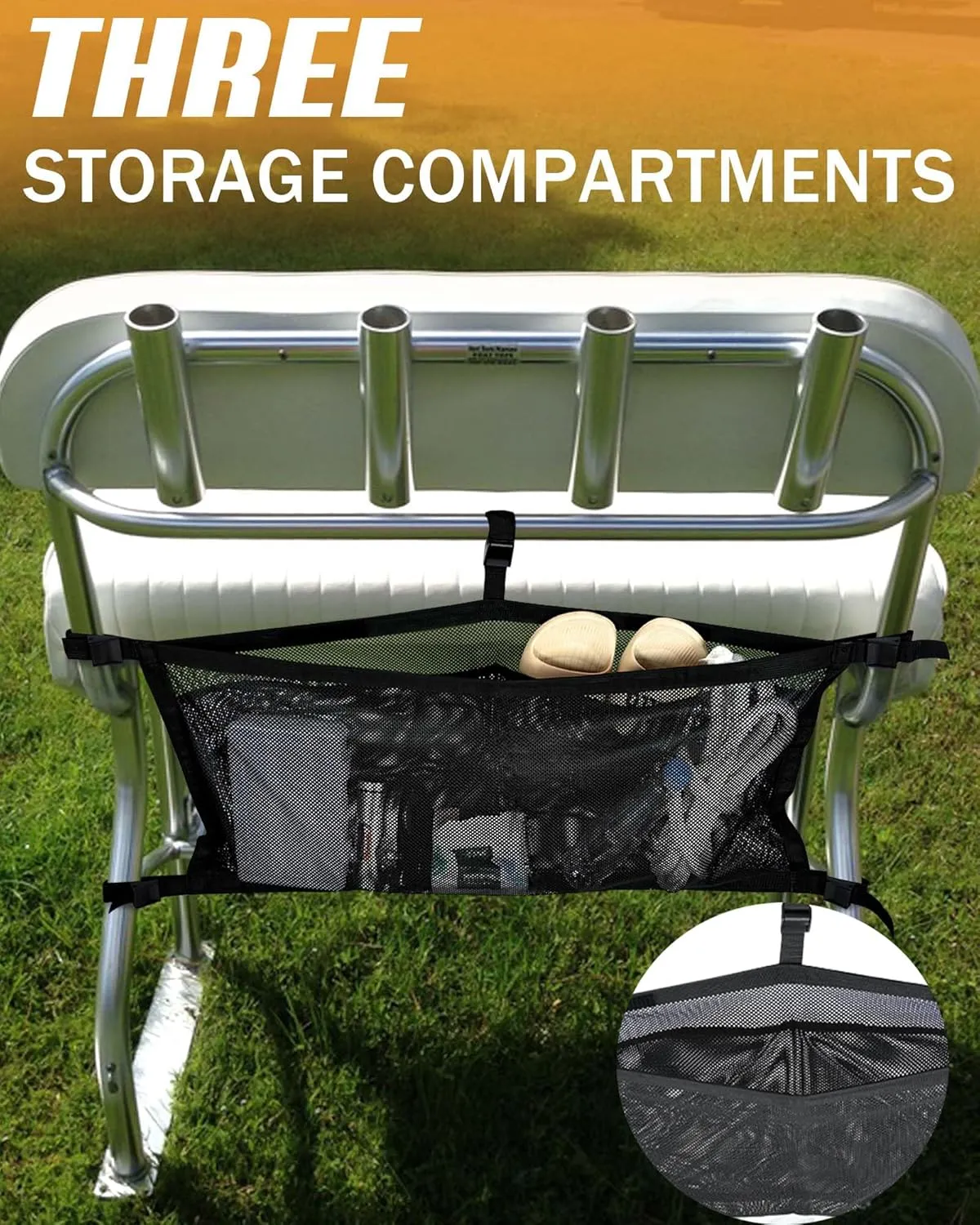 Boat Storage Bag with 3 Divisions, Adjustable Organizer, Mesh Tackle & Life Jacket Holder, Suspended Net for Leaning Post (32 INCH)