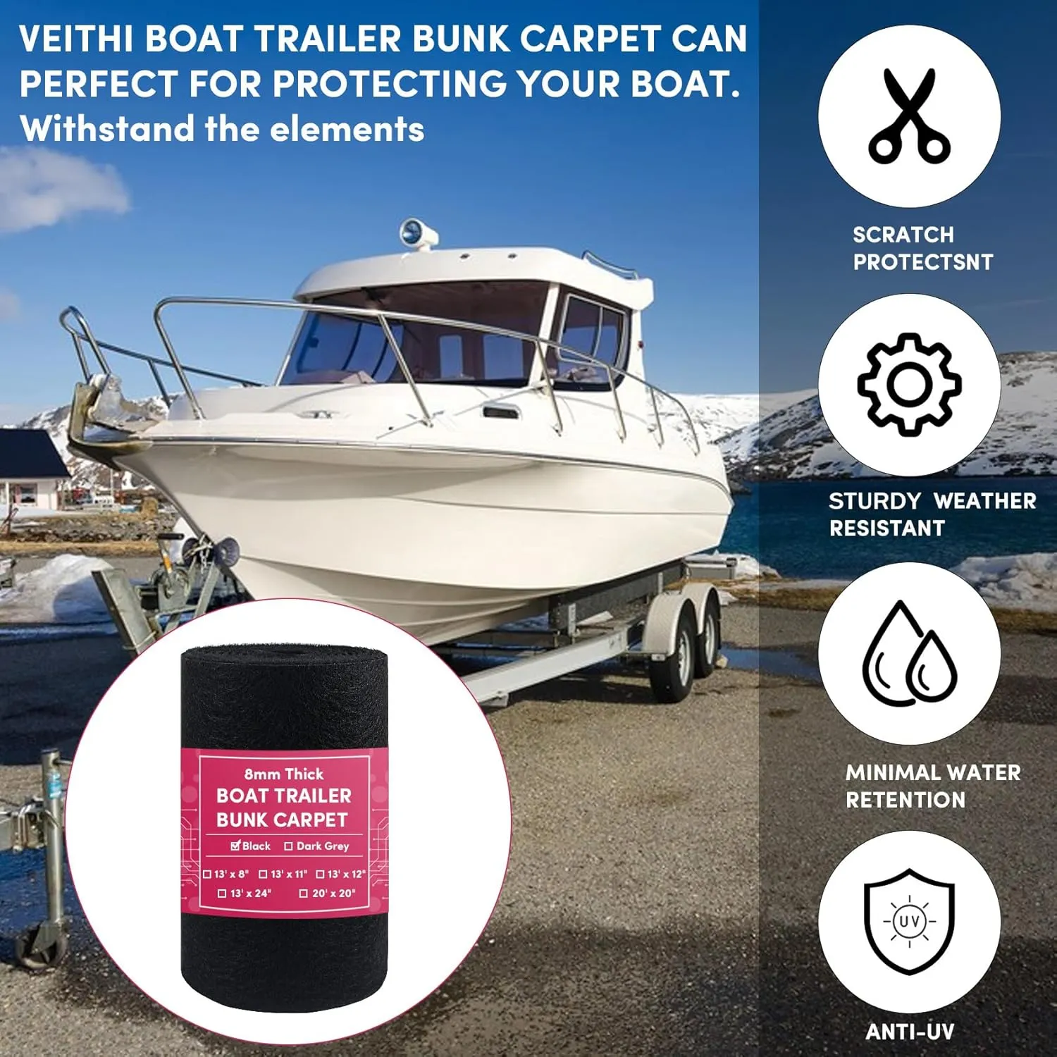Boat Trailer Bunk Carpet - Black Boat Bunks for Trailers - Jet Ski Ramps (2 Thickness, 6 Sizes, 4 Colors, 1-2 Pack)