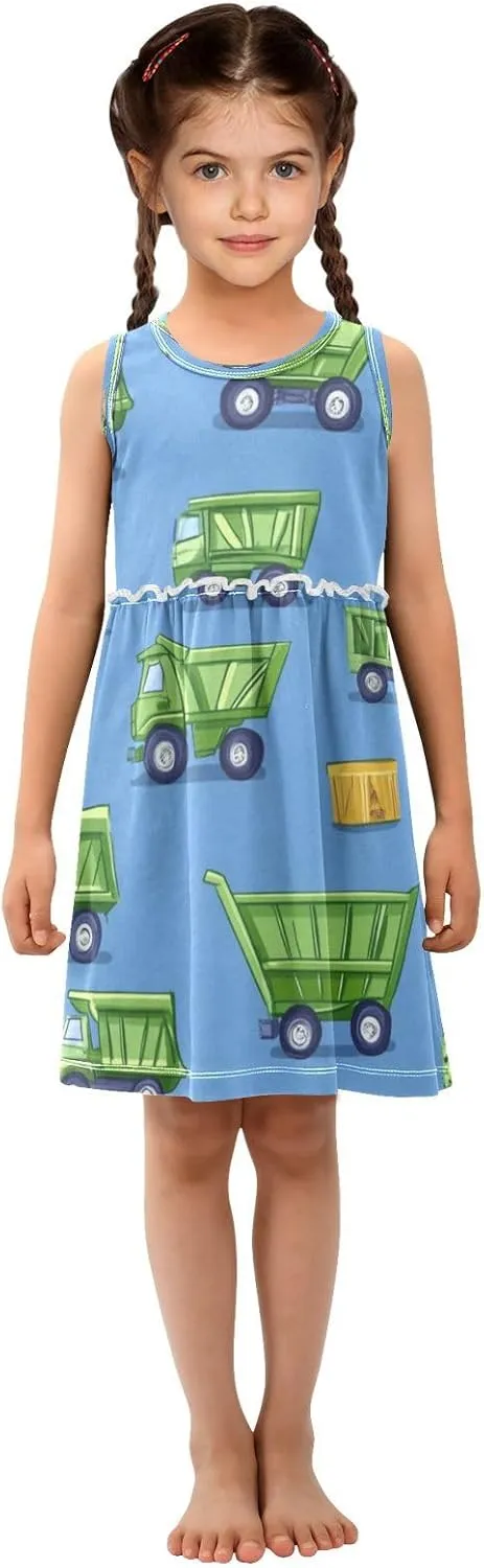 Boccsty Green Construction Garbage Trucks Girls Dress Kids Toddler Casual Dresses Summer Dresses 2T