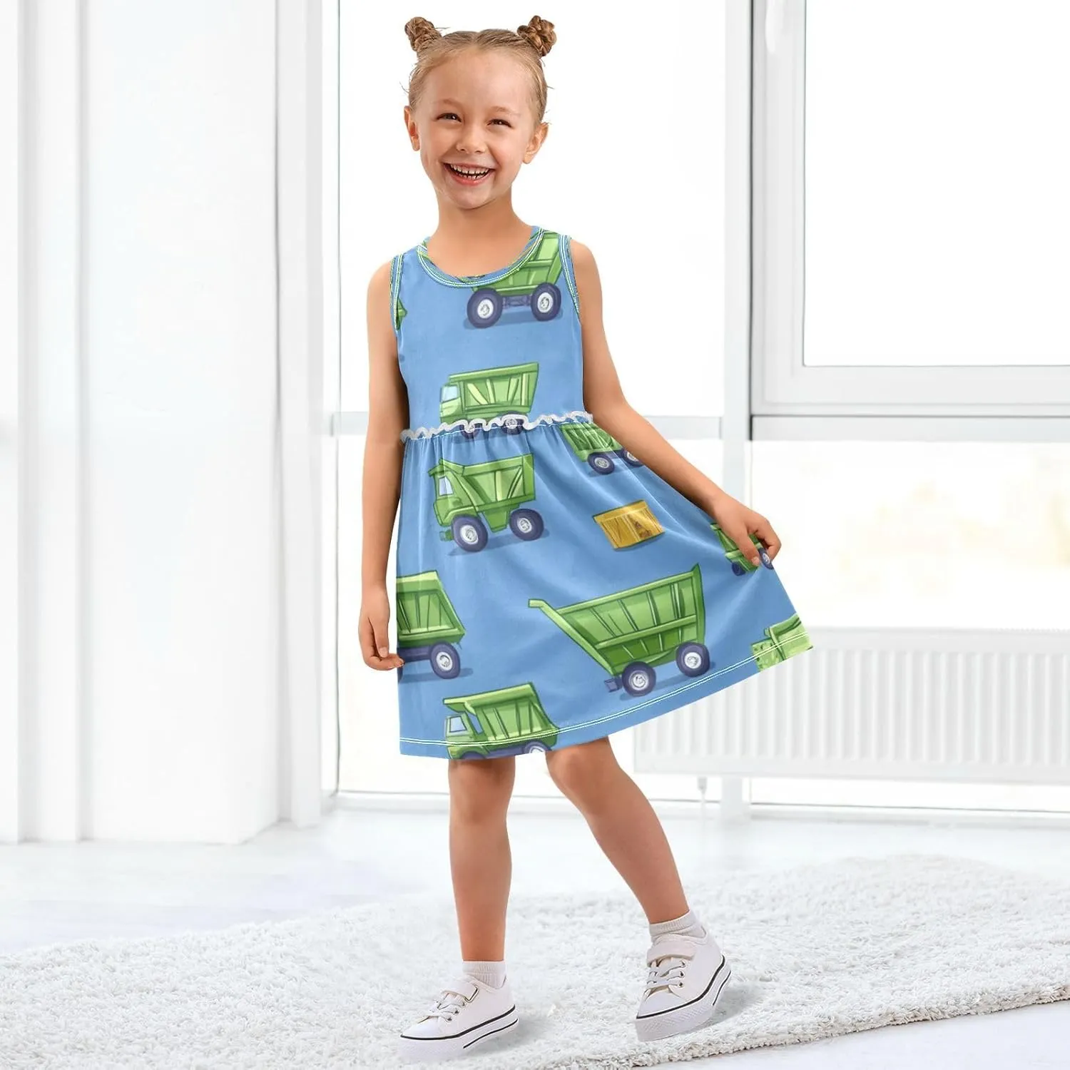 Boccsty Green Construction Garbage Trucks Girls Dress Kids Toddler Casual Dresses Summer Dresses 2T