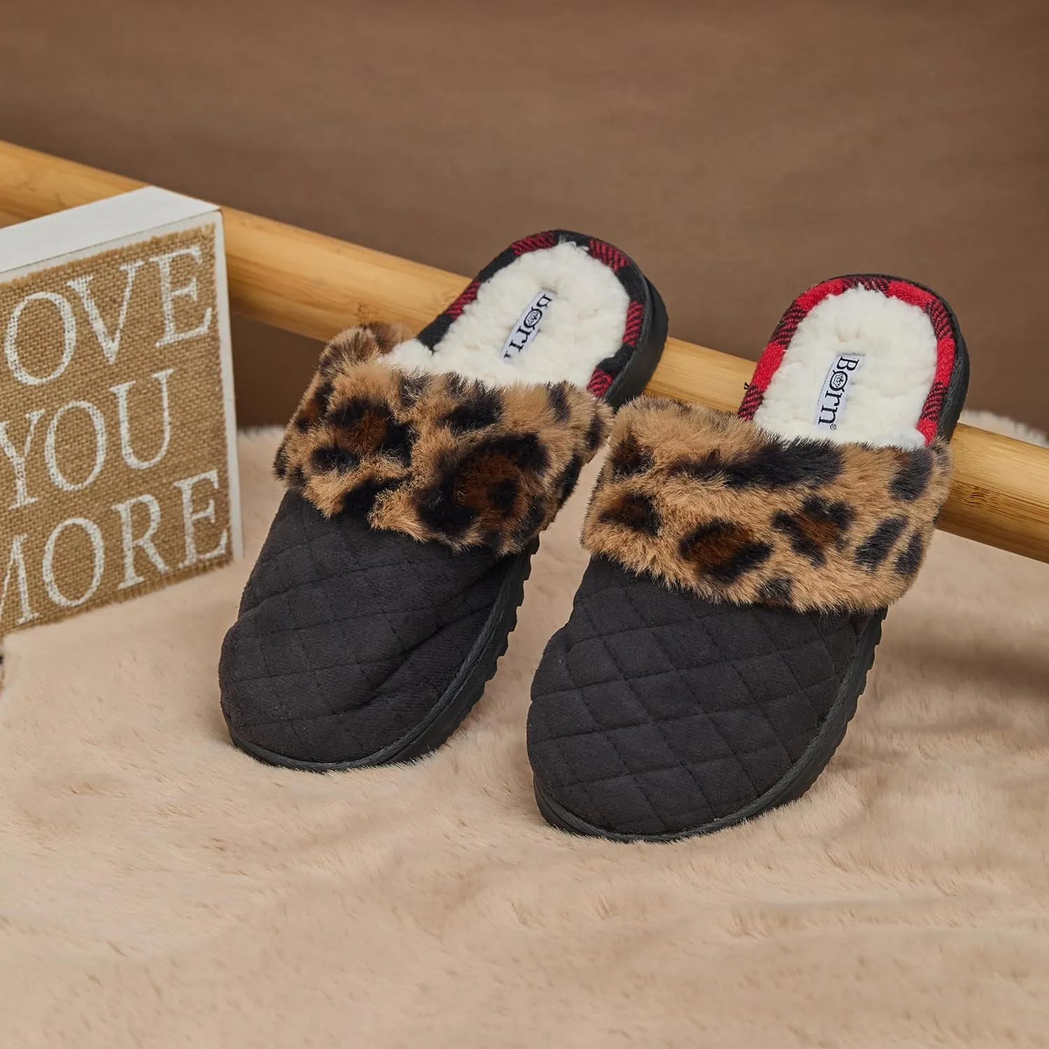 BORN Clog or Scuff Womens Slippers with Memory Foam and Non-Slip Sole, Soft and Comfy Bedroom Slippers for Women