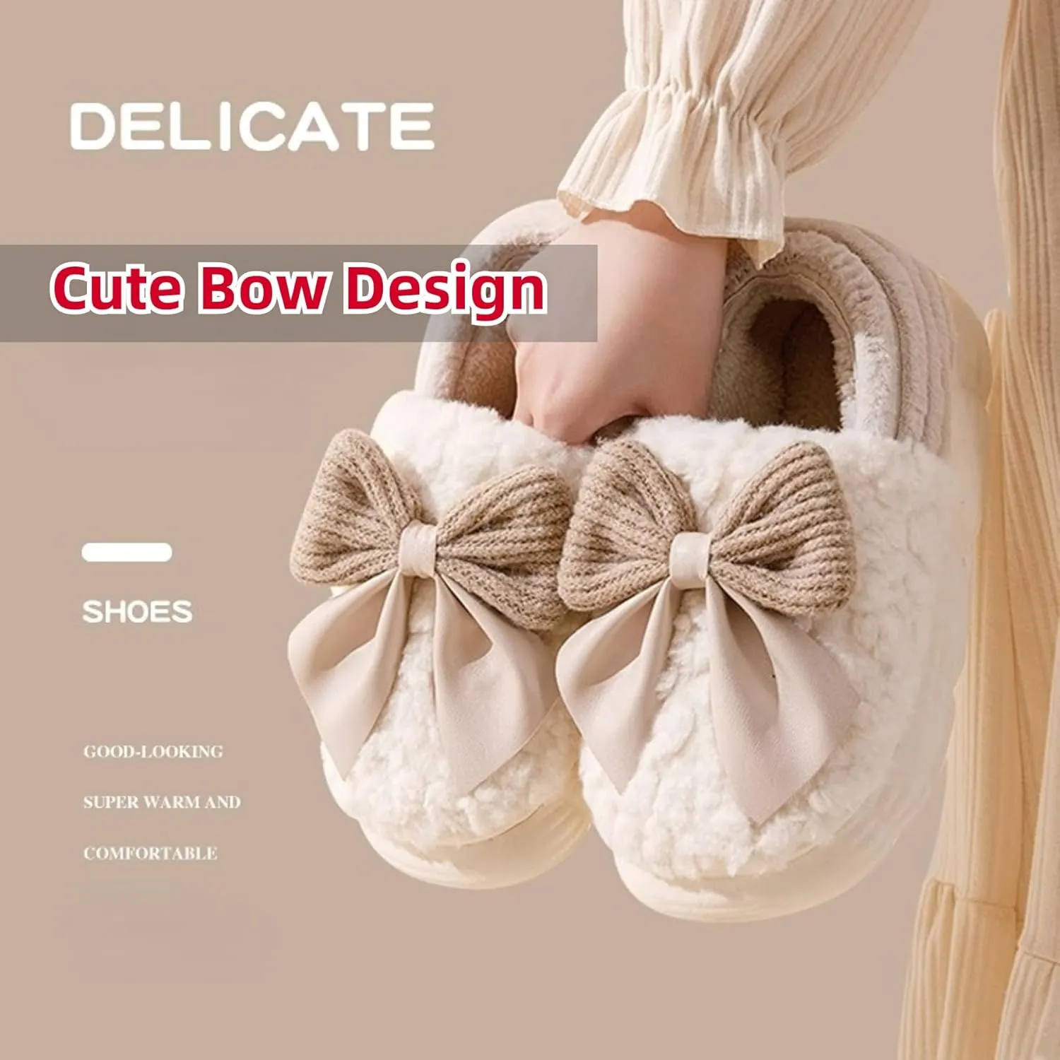 Bow Slippers Cute Cozy Soft Fuzzy Slippers for Womens Bow Tie Winter House Warm Slippers Shoes Indoor Non Slip Home Slippers Ladies Bedroom Indoor Slipper