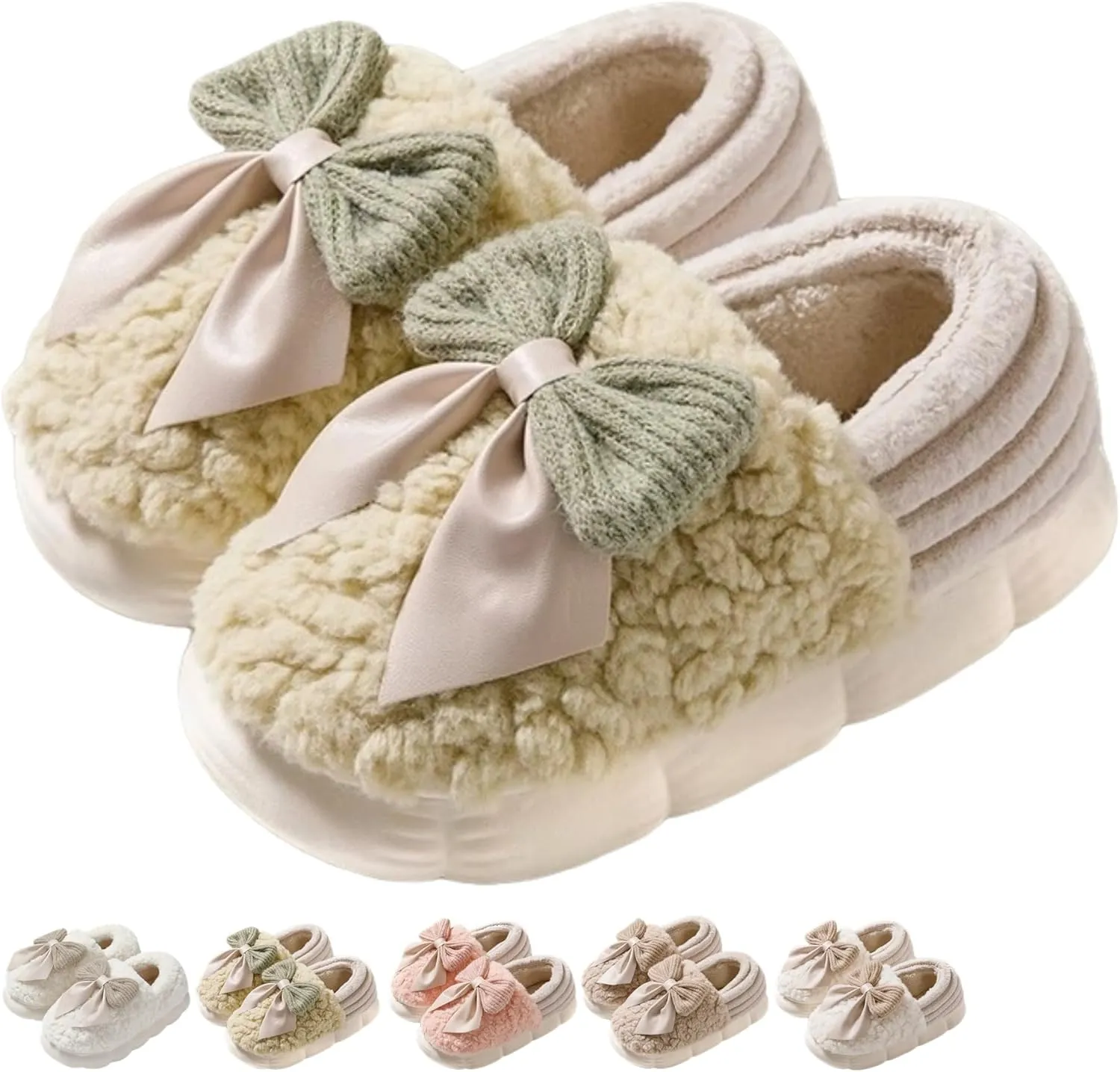 Bow Slippers Cute Cozy Soft Fuzzy Slippers for Womens Bow Tie Winter House Warm Slippers Shoes Indoor Non Slip Home Slippers Ladies Bedroom Indoor Slipper