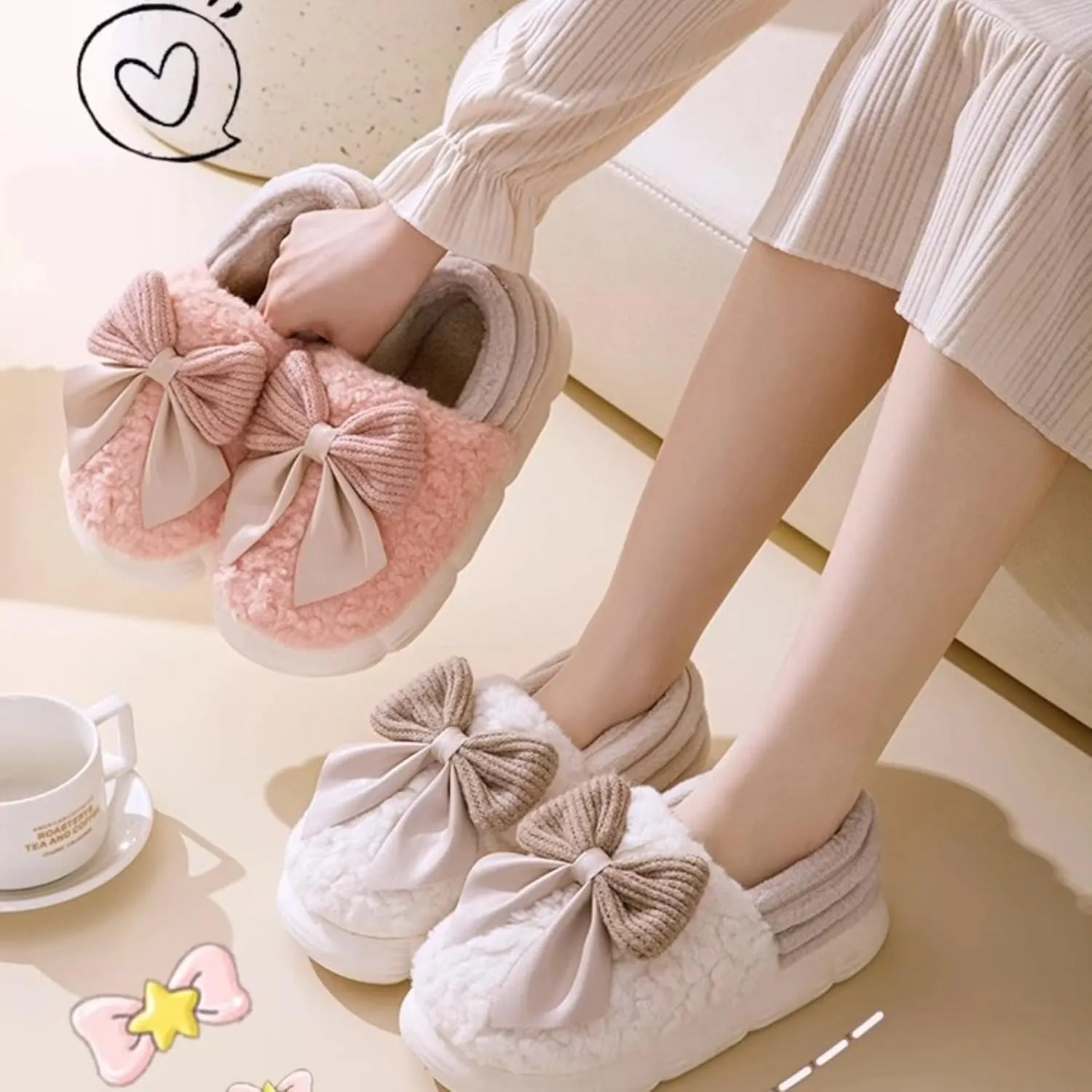 Bow Slippers Cute Cozy Soft Fuzzy Slippers for Womens Bow Tie Winter House Warm Slippers Shoes Indoor Non Slip Home Slippers Ladies Bedroom Indoor Slipper