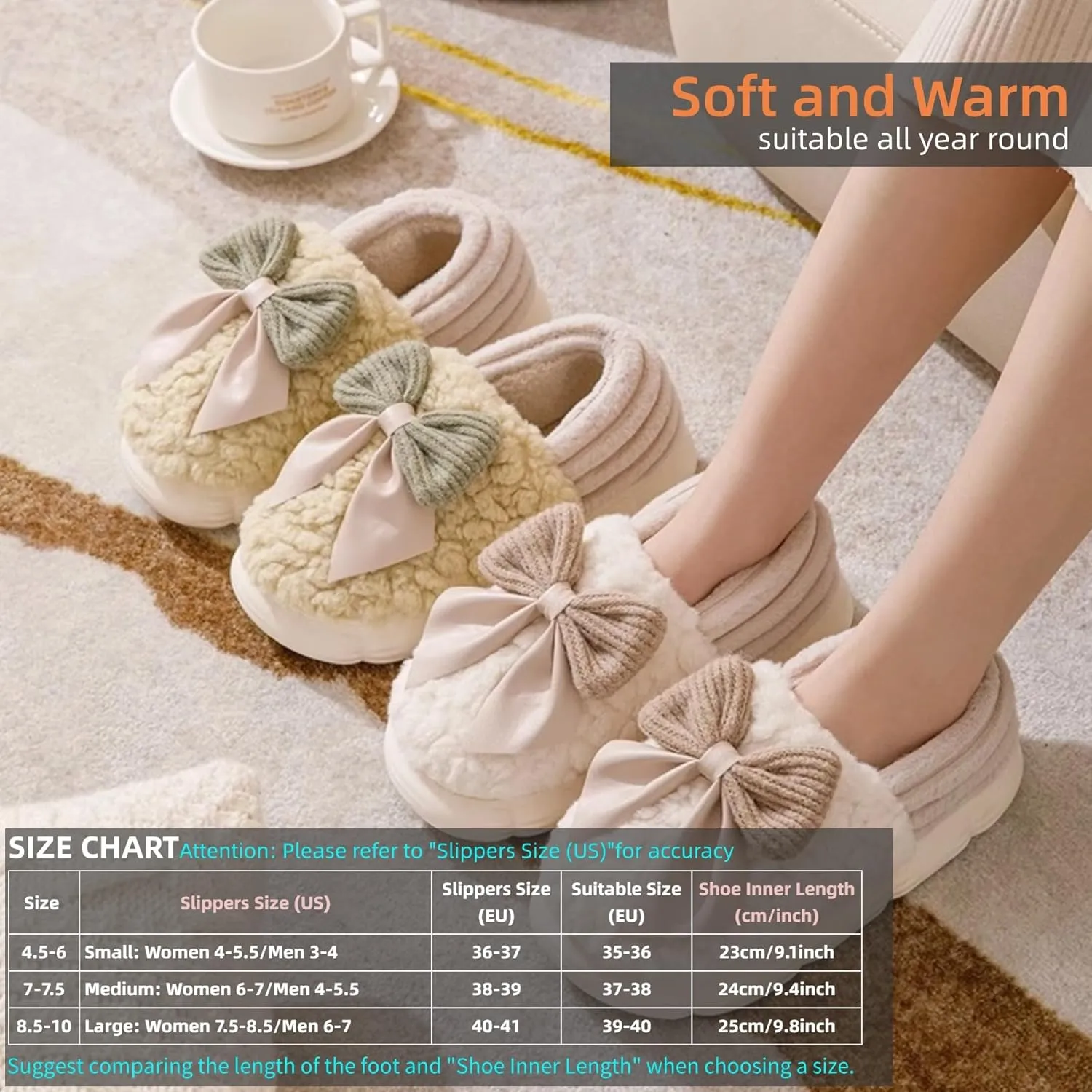 Bow Slippers Cute Cozy Soft Fuzzy Slippers for Womens Bow Tie Winter House Warm Slippers Shoes Indoor Non Slip Home Slippers Ladies Bedroom Indoor Slipper
