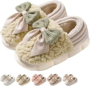 Bow Slippers Cute Cozy Soft Fuzzy Slippers for Womens Bow Tie Winter House Warm Slippers Shoes Indoor Non Slip Home Slippers Ladies Bedroom Indoor Slipper