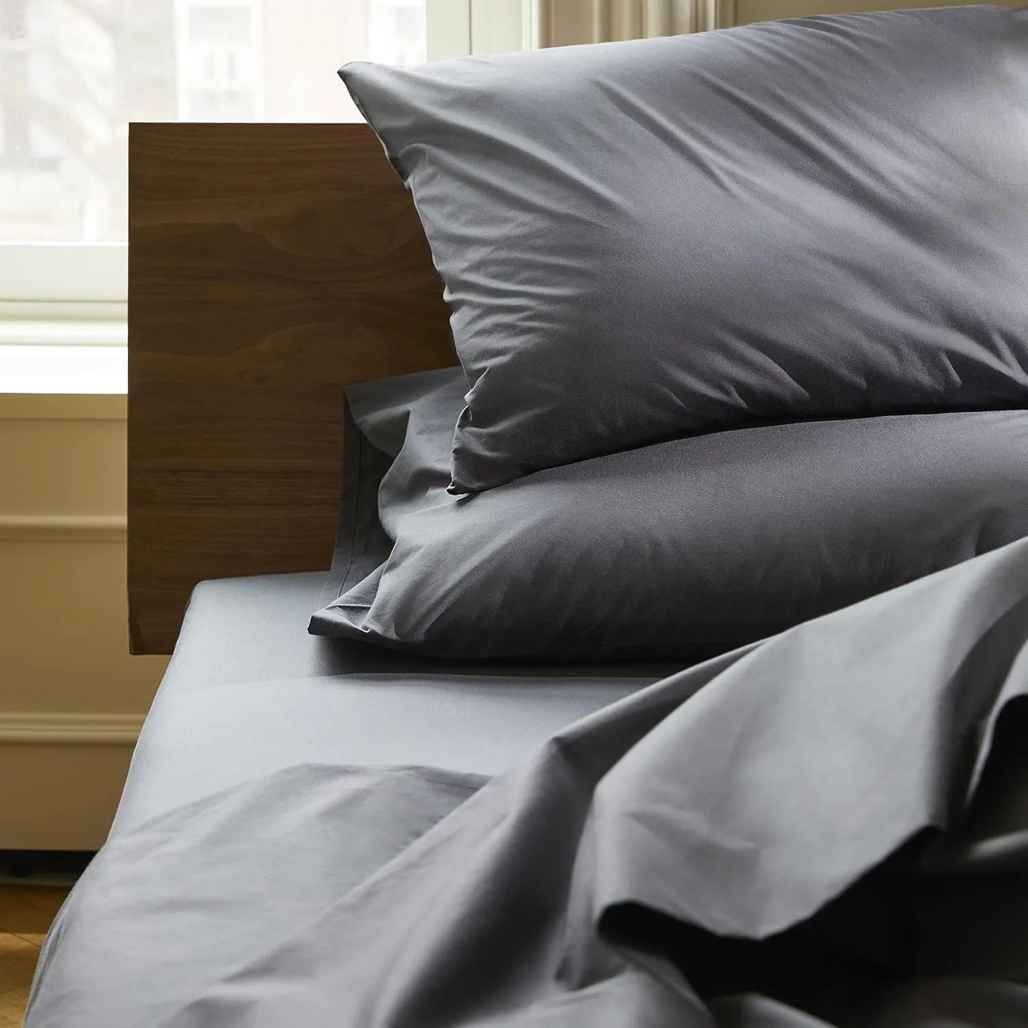 Brooklinen Luxury Sateen Sheet Set - 7 Piece 100% Cotton Bed Sheets - 1 Fitted & 1 Flat Sheet, 4 Pillowcases, 1 Duvet Cover, Soft Sateen Sheets for Ultimate Comfort Queen - Slate Grey